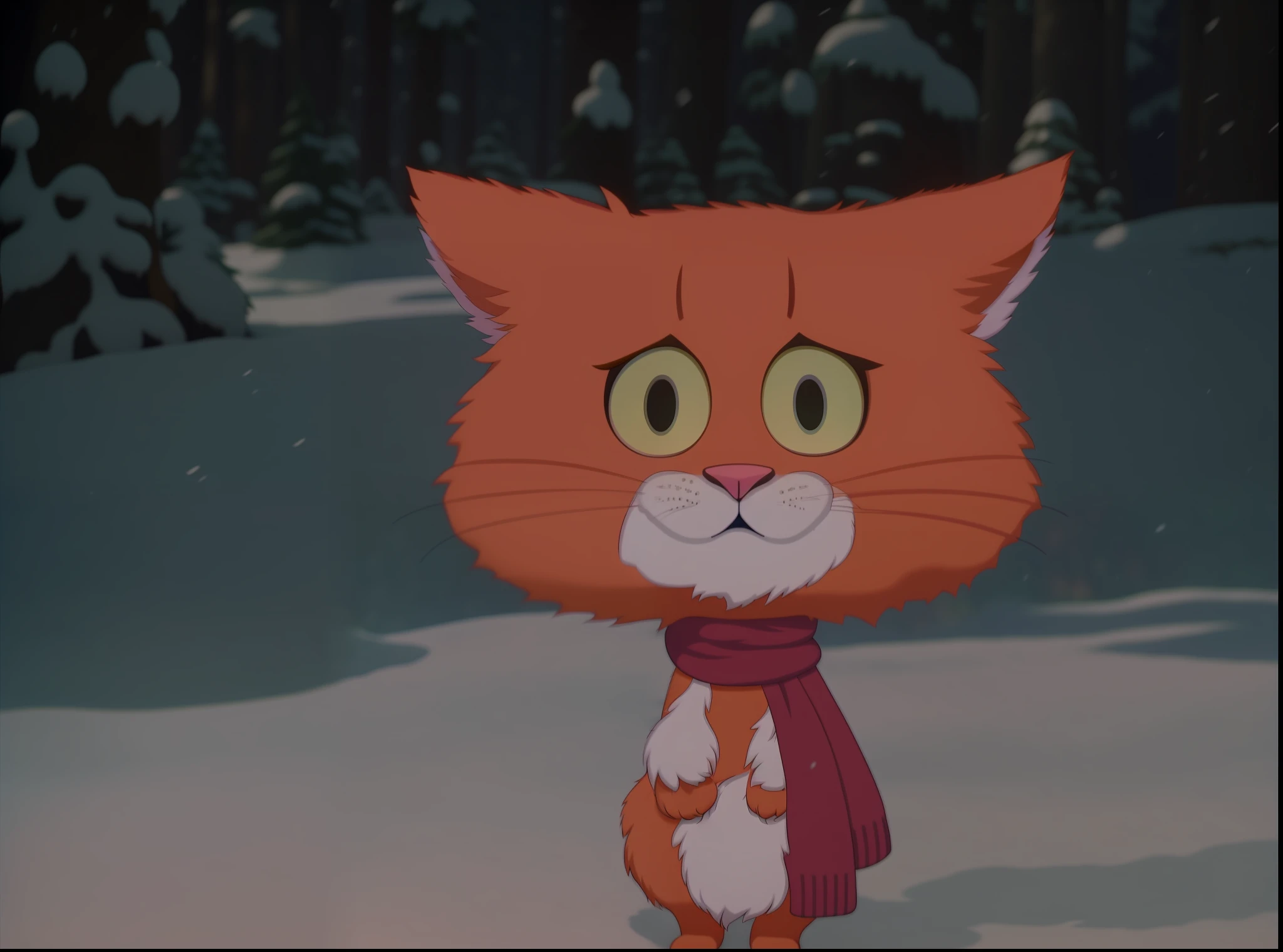 cartoon cat with scarf standing in snow covered area with trees, with garfield the cartoon cat, disney's bambi cat, animation still screencap, anime visual of a cute cat, film still from an cartoon, garfield the cat, gumball watterson, screenshot from the anime film, an orange cat, the cat is orange, anime cat, animated film still
