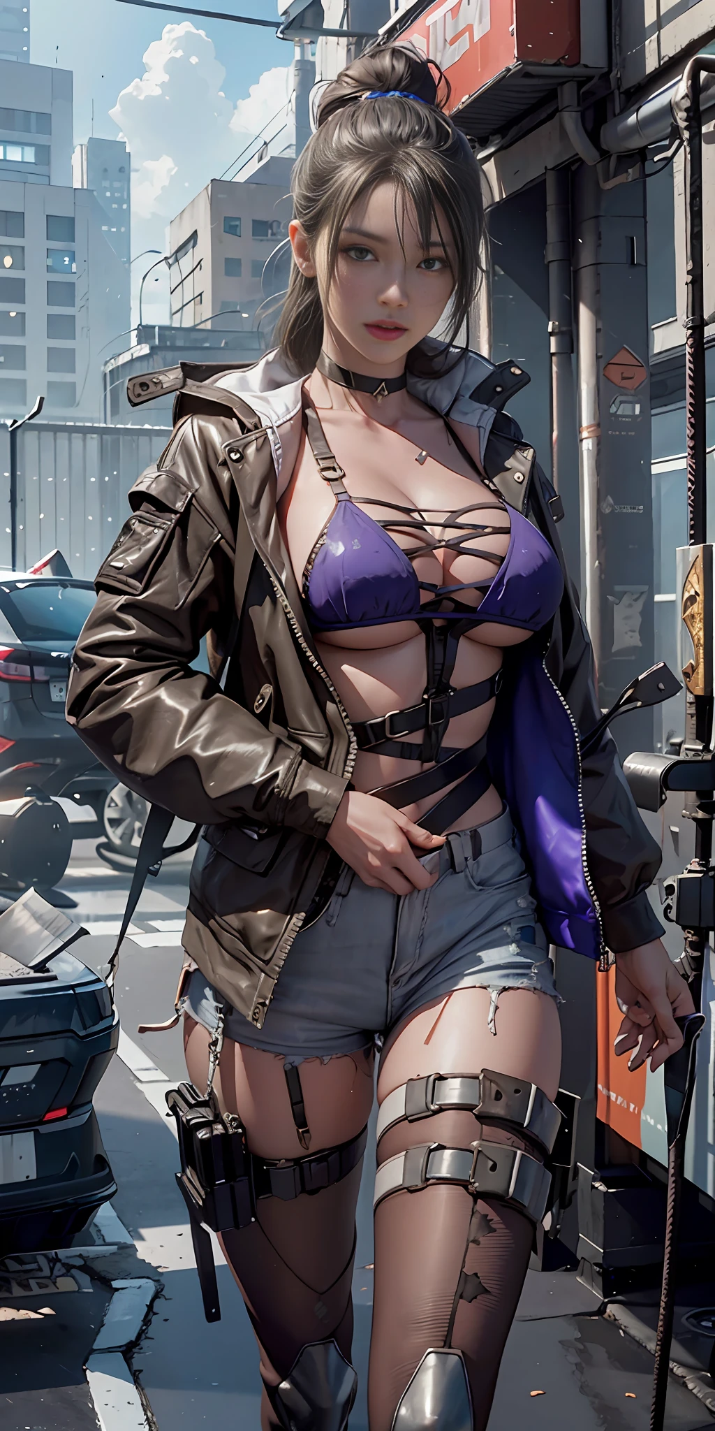 ((Best quality)), ((masterpiece)), (detailed:1.4), 3D, an image of a beautiful cyberpunk female,HDR (High Dynamic Range),Ray Tracing,NVIDIA RTX,Super-Resolution,Unreal 5,Subsurface scattering,PBR Texturing,Post-processing,Anisotropic Filtering,Depth-of-field,Maximum clarity and sharpness,Multi-layered textures,Albedo and Specular maps,Surface shading,Accurate simulation of light-material interaction,Perfect proportions,Octane Render,Two-tone lighting,Wide aperture,Low ISO,White balance,Rule of thirds,8K RAW, (large breast)