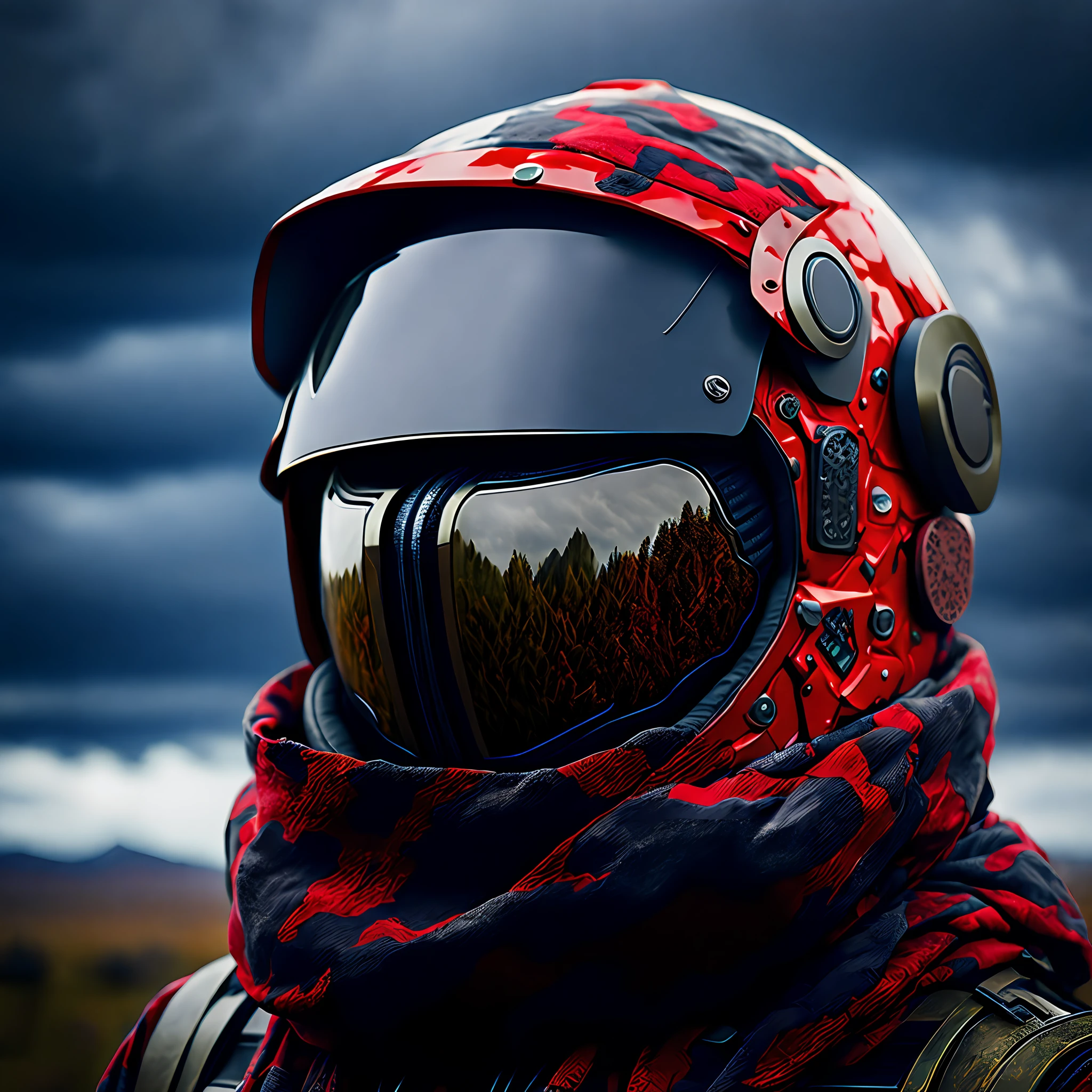 Red robot helmet, scarf, camouflage storm jacket, bust, super detailed, realistic, ultra-realistic, high quality, best, super detail, crazy detail, very detailed, photo realism, epic composition, best quality