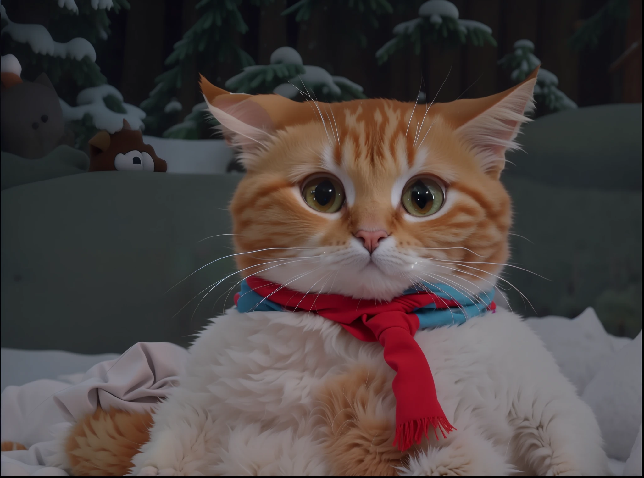cartoon cat with scarf standing in snow covered area with trees, with garfield the cartoon cat, disney's bambi cat, animation still screencap, anime visual of a cute cat, film still from an cartoon, garfield the cat, gumball watterson, screenshot from the anime film, an orange cat, the cat is orange, anime cat, animated film still