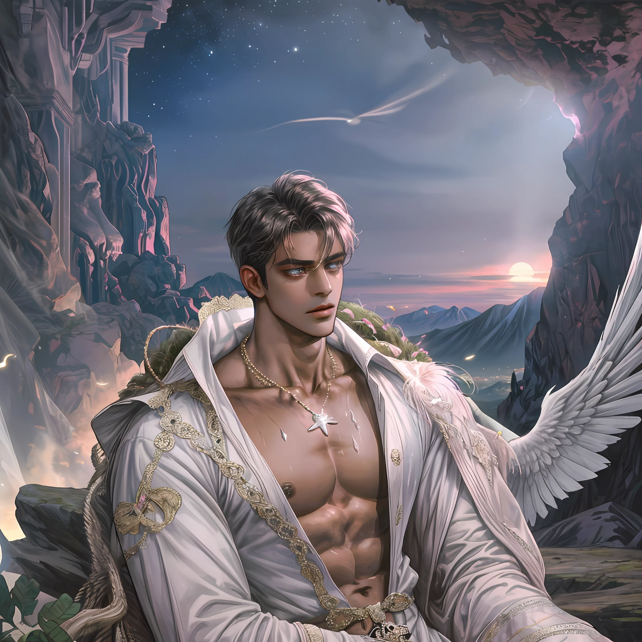 1 man, angel (4 wings), dark face, handsome, dark skinned, bare-chested, bouncing, star necklace, pink, six-pack, nipple piercing, dull, sweat, background detail, valley, large bird's nest, cave, sky, mountain peak, moon, daytime