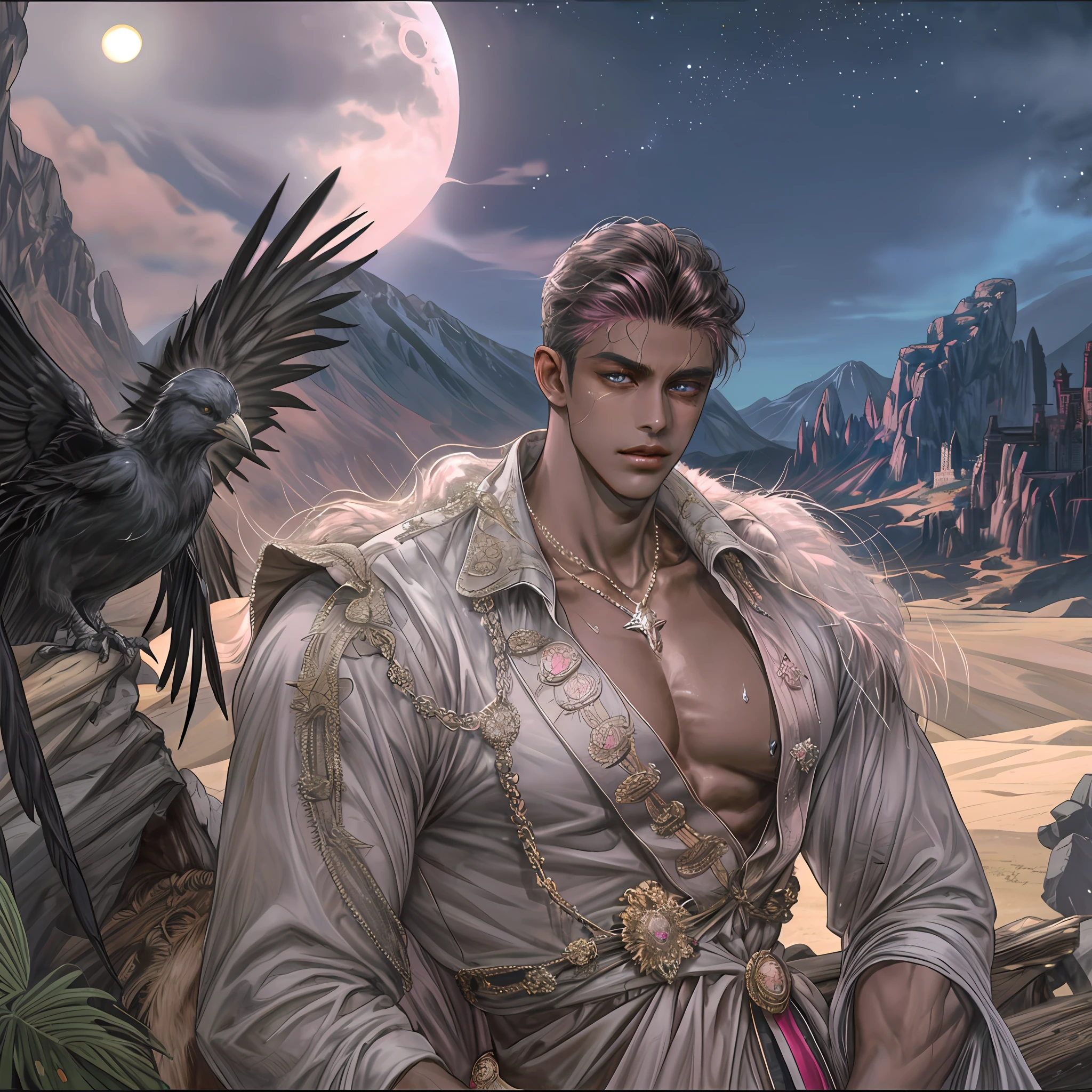 1 man, angel (4 wings), dark face, handsome, dark skinned, bare-chested, bouncing, star necklace, pink, six-pack, nipple piercing, dull, sweat, background detail, valley, large bird's nest, cave, sky, mountain peak, moon, daytime