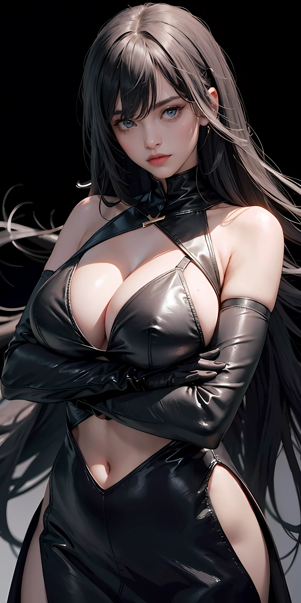 1girl, bangs, bare shoulders, black background, black dress, black gloves, cleavage, closed mouth, clothing cutout, crossed arms, dress, elbow gloves, floating hair, gloves, grey hair, hamel, huge breasts, long hair, looking at viewer, navel, solo, very long hair, hamel
