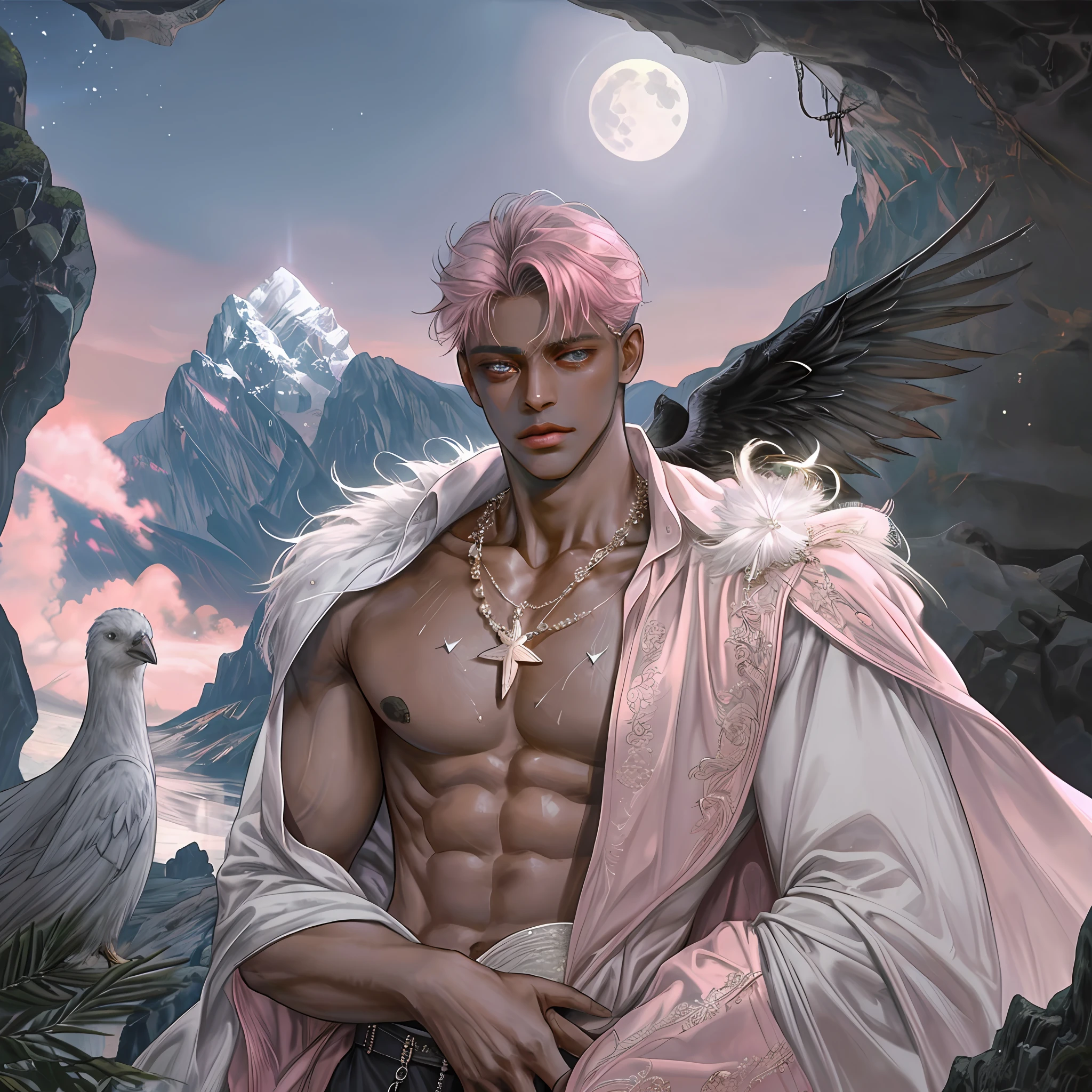 1 man, angel (4 wings), dark face, handsome, dark skinned, bare-chested, bouncing, star necklace, pink, six-pack, nipple piercing, dull, sweat, background detail, valley, large bird's nest, cave, sky, mountain peak, moon, daytime