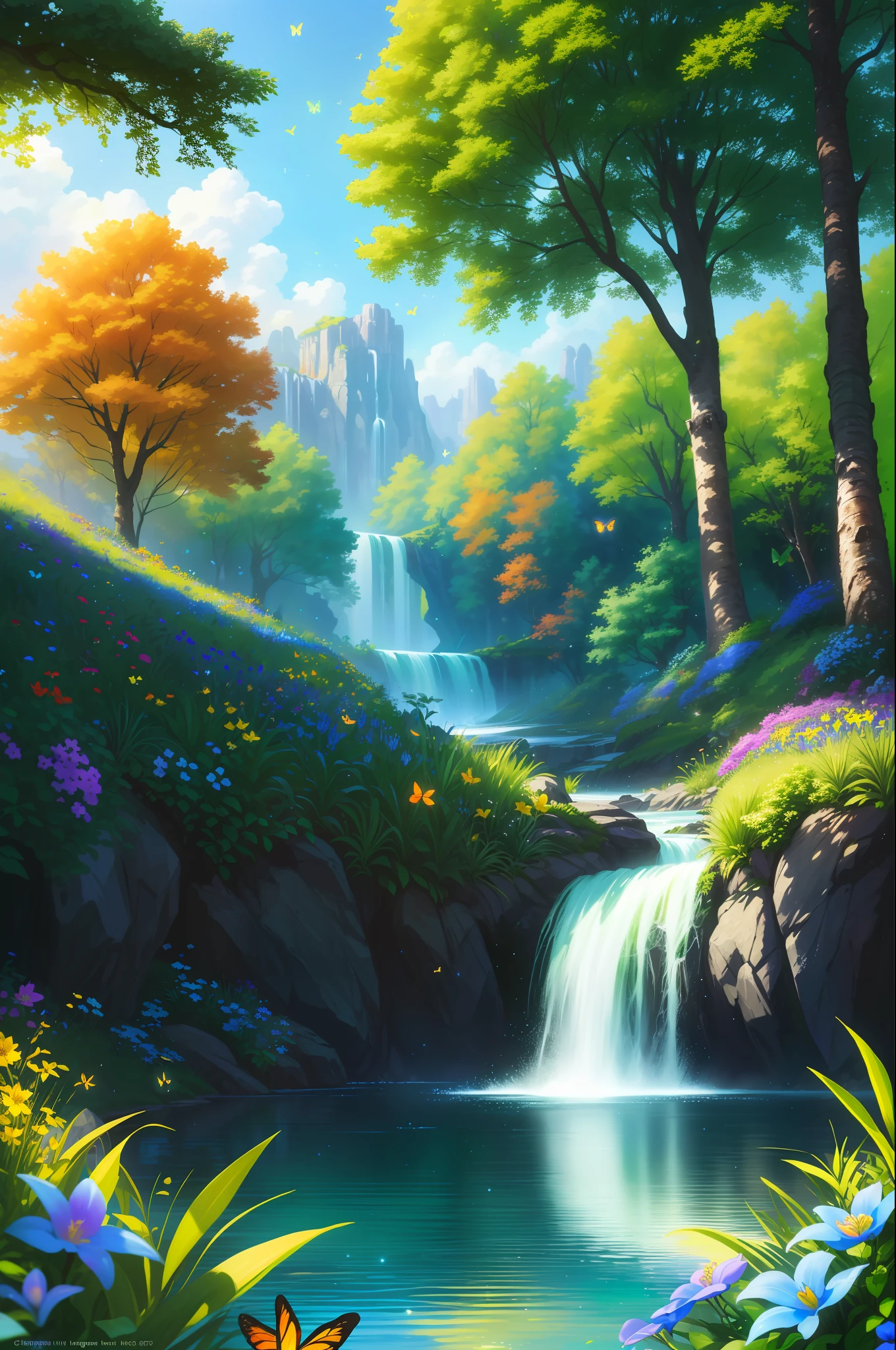 masterpiece, best quality, high quality, extremely detailed cg unity 8k wallpaper, )an extremely colorful and purely fantasy environment with vibrant hues and a bright sky), landscape of bright green grass, colorful trees, glittering fruits, and bright blue flowers, (the streams are a deep shade of blue green), and the air is filled with sweet exotic scents, (the environment appears to be taken out of a dream), with luminescent butterflies and giant colorful birds flying around, award winning photography, bokeh, depth of field, hdr, bloom, chromatic aberration, photorealistic:1.3, extremely detailed, trending on artstation, trending on cgsociety, intricate, high detail, dramatic, art by midjourney,