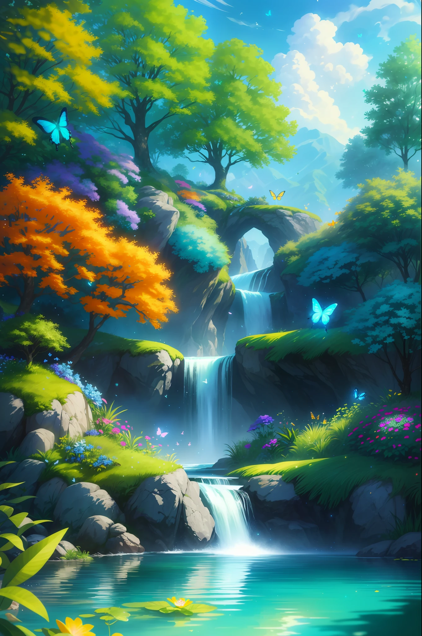 masterpiece, best quality, high quality, extremely detailed cg unity 8k wallpaper, )an extremely colorful and purely fantasy environment with vibrant hues and a bright sky), landscape of bright green grass, colorful trees, glittering fruits, and bright blue flowers, (the streams are a deep shade of blue green), and the air is filled with sweet exotic scents, (the environment appears to be taken out of a dream), with luminescent butterflies and giant colorful birds flying around, award winning photography, bokeh, depth of field, hdr, bloom, chromatic aberration, photorealistic:1.3, extremely detailed, trending on artstation, trending on cgsociety, intricate, high detail, dramatic, art by midjourney,