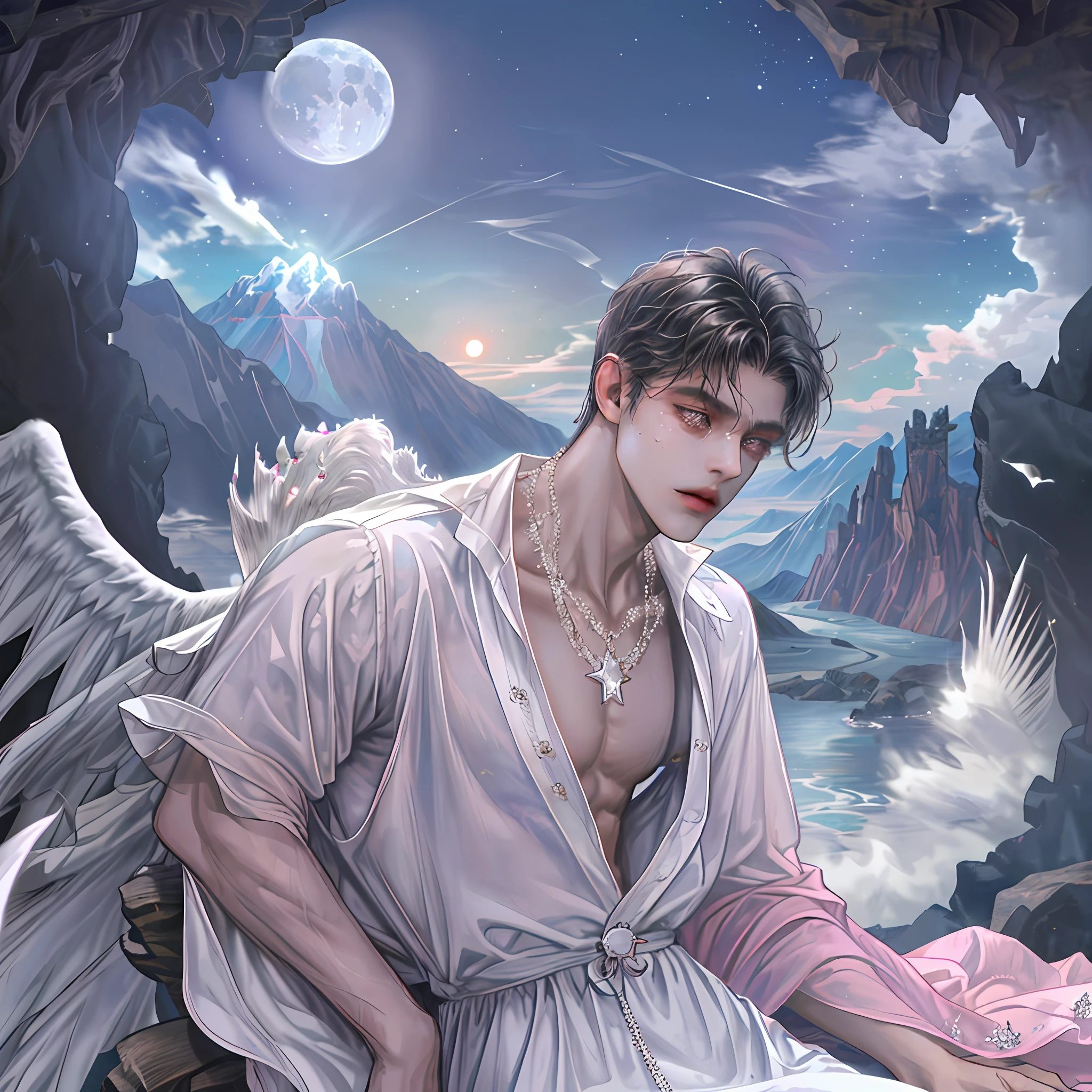 1 man, angel (4 wings), dark face, handsome, dark skinned, bare-chested, bouncing, star necklace, pink, six-pack, nipple piercing, dull, sweat, background detail, valley, large bird's nest, cave, sky, mountain peak, moon, daytime
