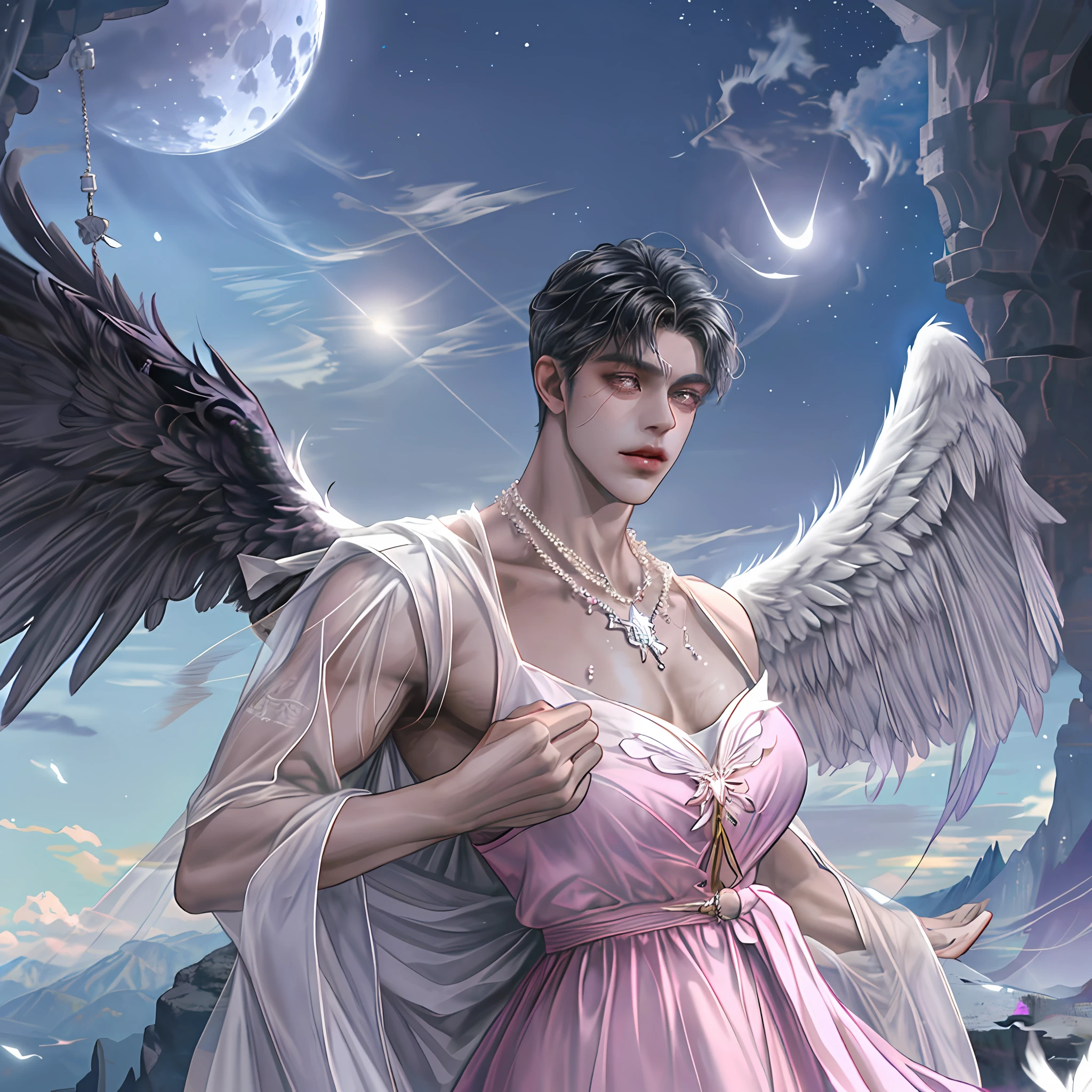 1 man, angel (4 wings), dark face, handsome, dark skinned, bare-chested, bouncing, star necklace, pink, six-pack, nipple piercing, dull, sweat, background detail, valley, large bird's nest, cave, sky, mountain peak, moon, daytime