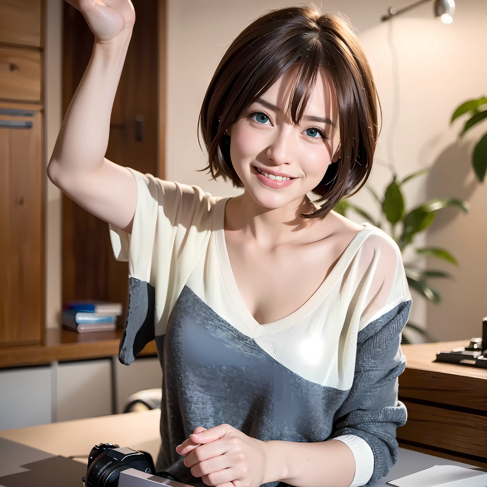 mix4,(8k, RAW photo, best quality, masterpiece:1.2), (realistic, photo-realistic:1.37), photo, ultra high res, photography, 1girl, cute, home, smile, short hair, realistic hair