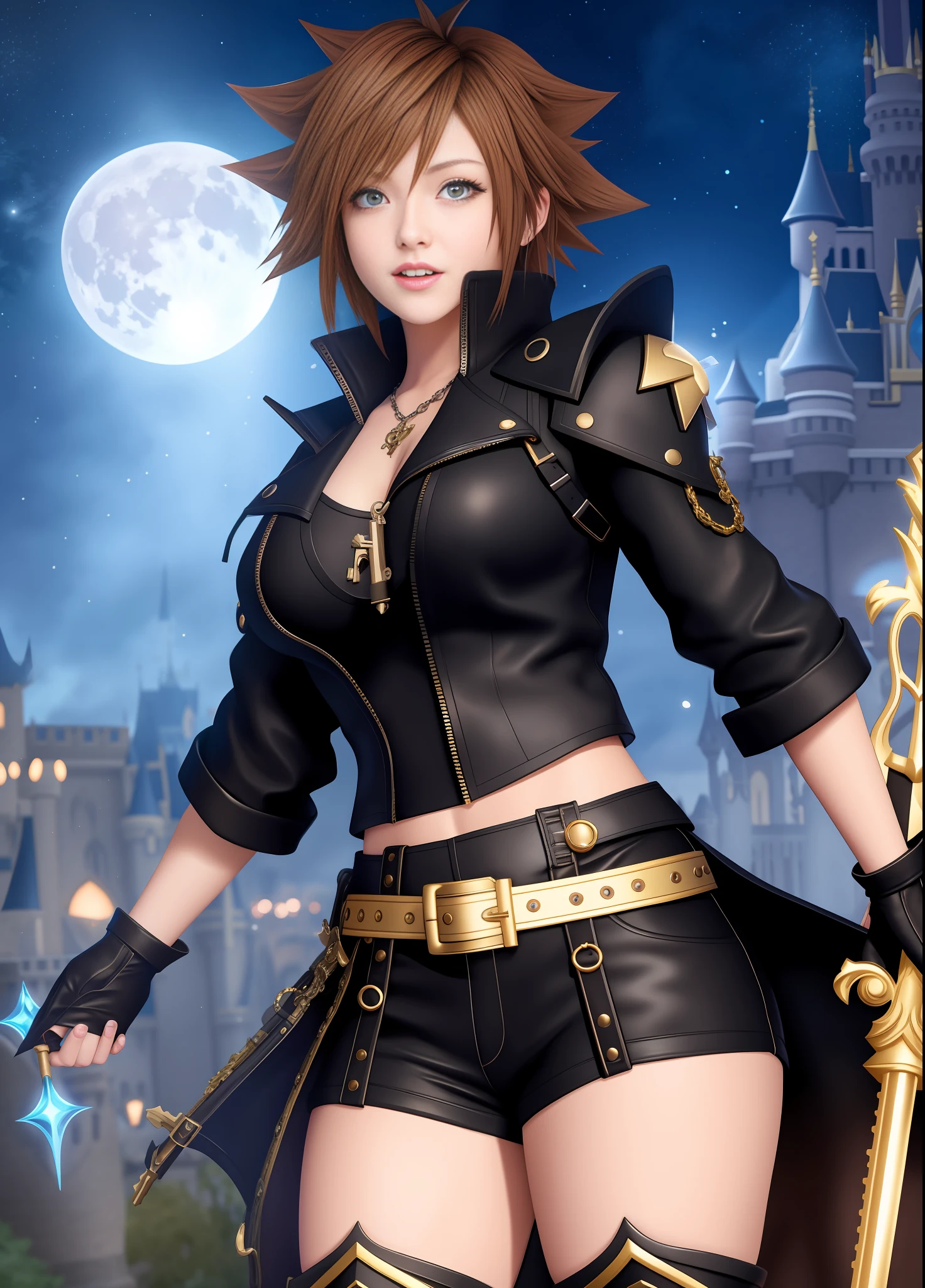 Kingdom Hearts, 1 Woman, big breasts, warrior outfit all black with gold details, brown shorts and black boots, she has short brown hair, blue eyes, she holds a sword in the shape of a key to the Keyblade, staring at the viewer, face reddened with embarrassment, mouth with blue lipstick, smiling, is in a magical city full of Disney creatures at night with a full moon, anime, Kingdom Hearts, Disney, 16k, best quality, high details, UHD, masterpiece