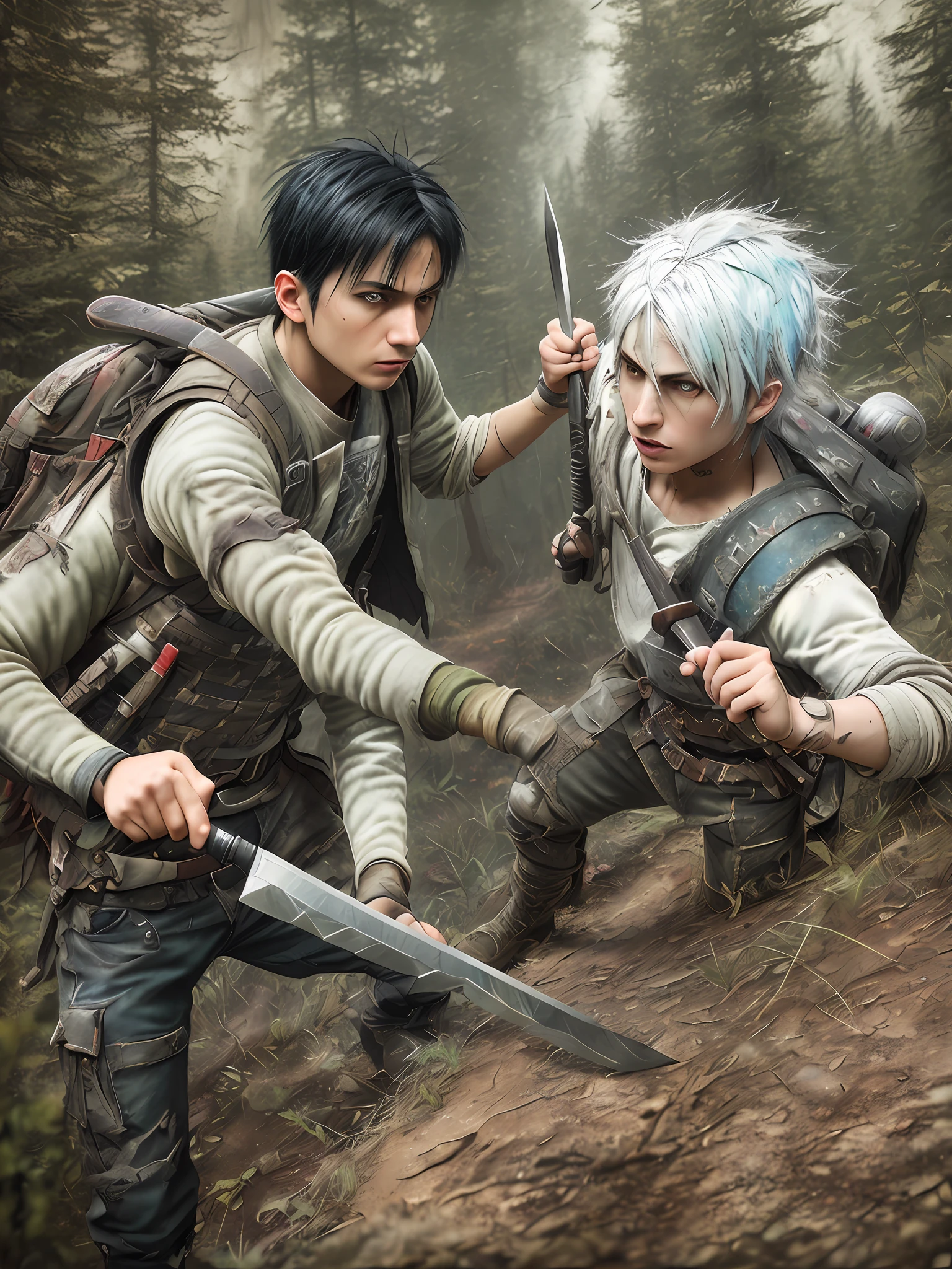 1 adult with white hair knife, 1 adult with black hair axe, fighting, duel, fighting, angry, 2 2 years, backpack, realistic epic, photo, faded, complex things around, forest background, soaked, neutral colors, (((((hdr)))), ((((soft colors)))), intricate scene, artistic station, intricate details, vignette, only two weapons, action scene