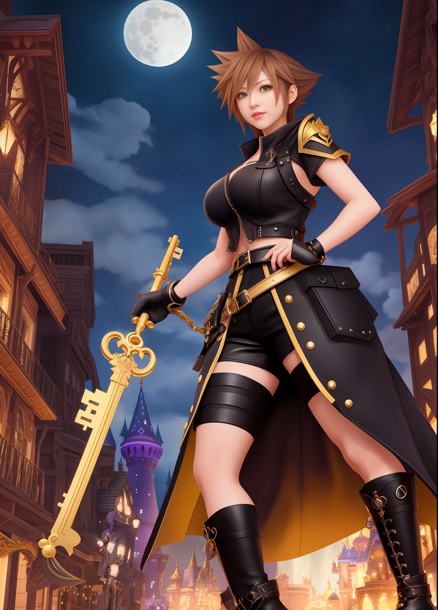 Kingdom Hearts, 1 Woman, big breasts, warrior outfit all black with gold details, brown shorts and black boots, she has short brown hair, blue eyes, she holds a sword in the shape of a key to the Keyblade, staring at the viewer, face reddened with embarrassment, mouth with blue lipstick, smiling, is in a magical city full of Disney creatures at night with a full moon, anime, Kingdom Hearts, Disney, 16k, best quality, high details, UHD, masterpiece