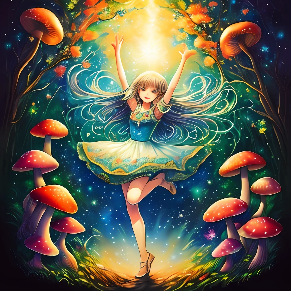 (masterpiece)), ((best quality)), (ultra-detailed), full body, cute sprite, long hair, airbrush and ink paintings, fluid brushstrokes, splashes of color, open arms, many mushroom, starry sky, dance, forest