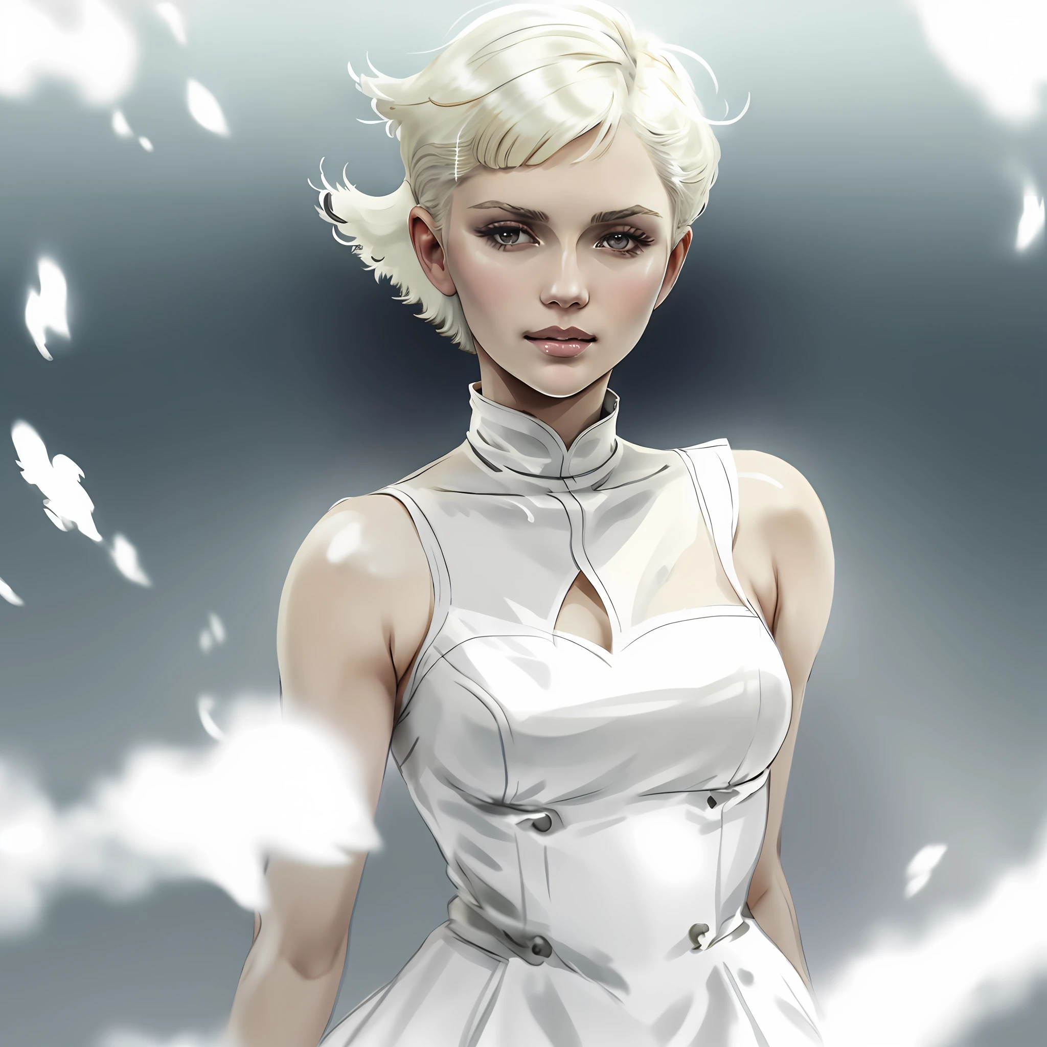 blond woman with short hair and a white dress posing for a picture, girl with short white hair, white short hair, pale hair, short white hair, aurora aksnes, white bob cut hair, girl with white hair, white french bob, with short bobbed white hair, white hair floating in air, bleached blonde short hair, aleksandra waliszewska