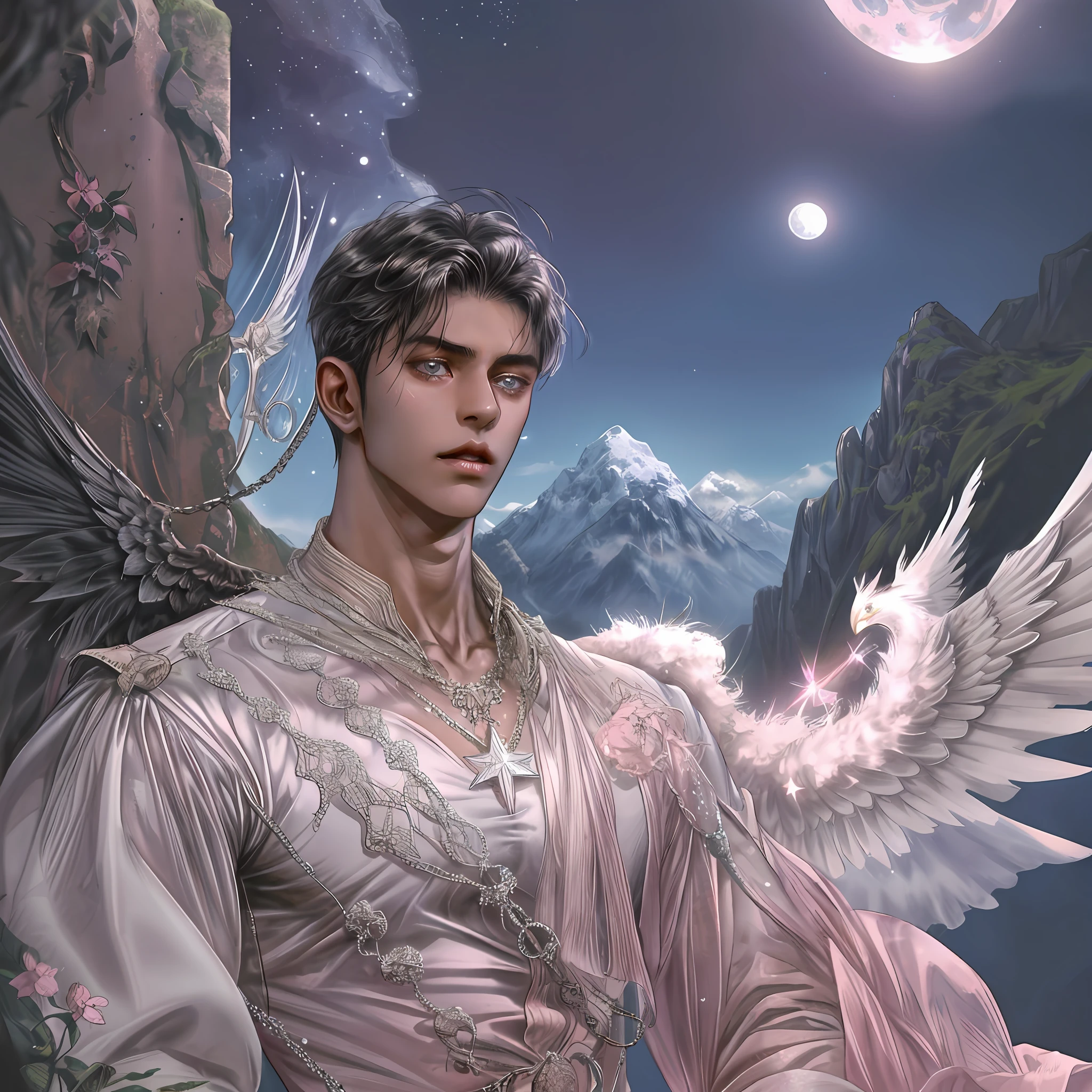 1 man, angel (4 wings), dark face, handsome, dark skinned, bare-chested, bouncing, star necklace, pink, six-pack, nipple piercing, dull, sweat, background detail, valley, large bird's nest, cave, sky, mountain peak, moon, daytime