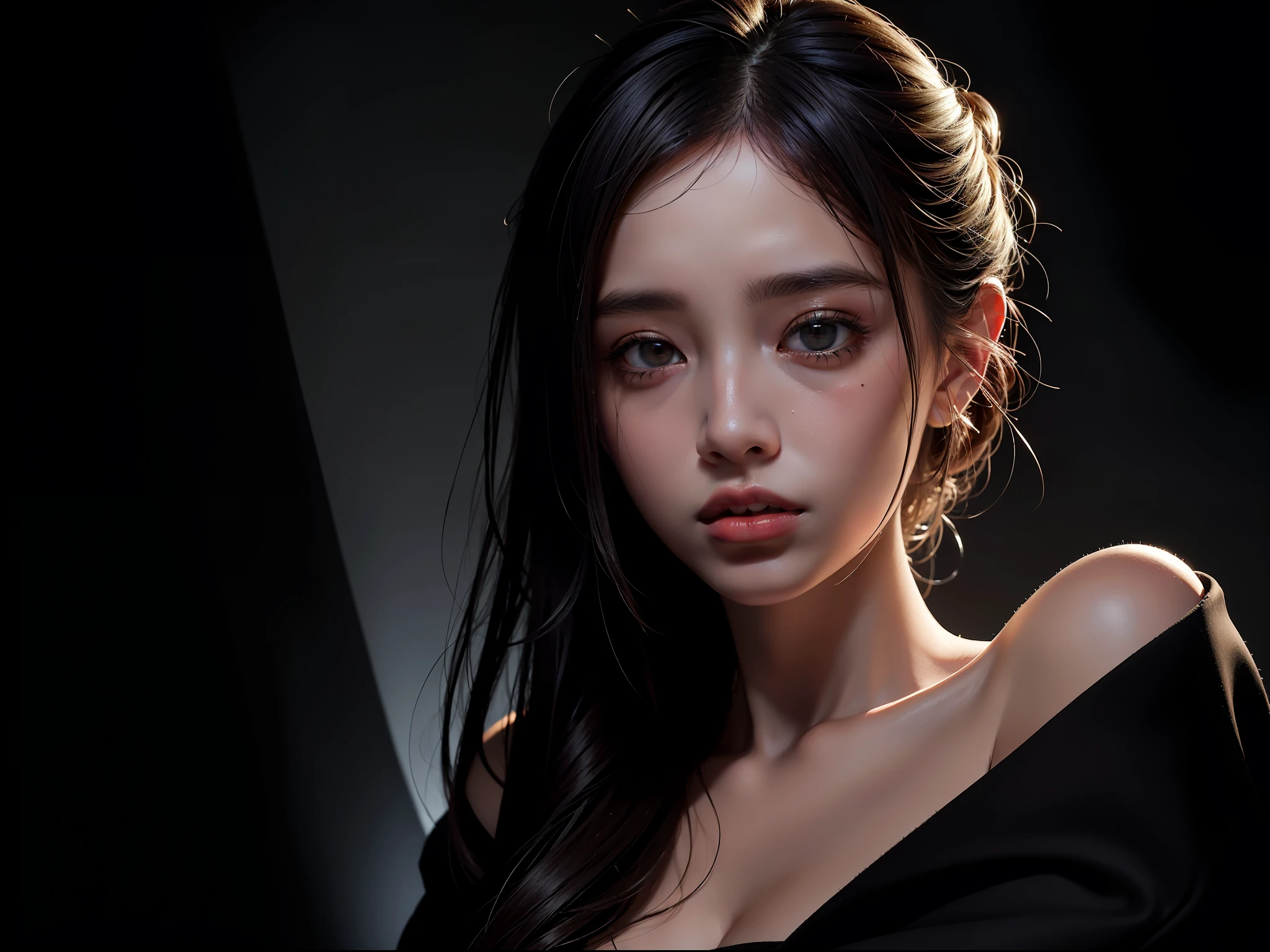 Best quality, masterpiece, ultra high res, (photorealistic:1.4), raw photo, 1girl, offshoulder, in the dark, deep shadow, low key, cold light, asian