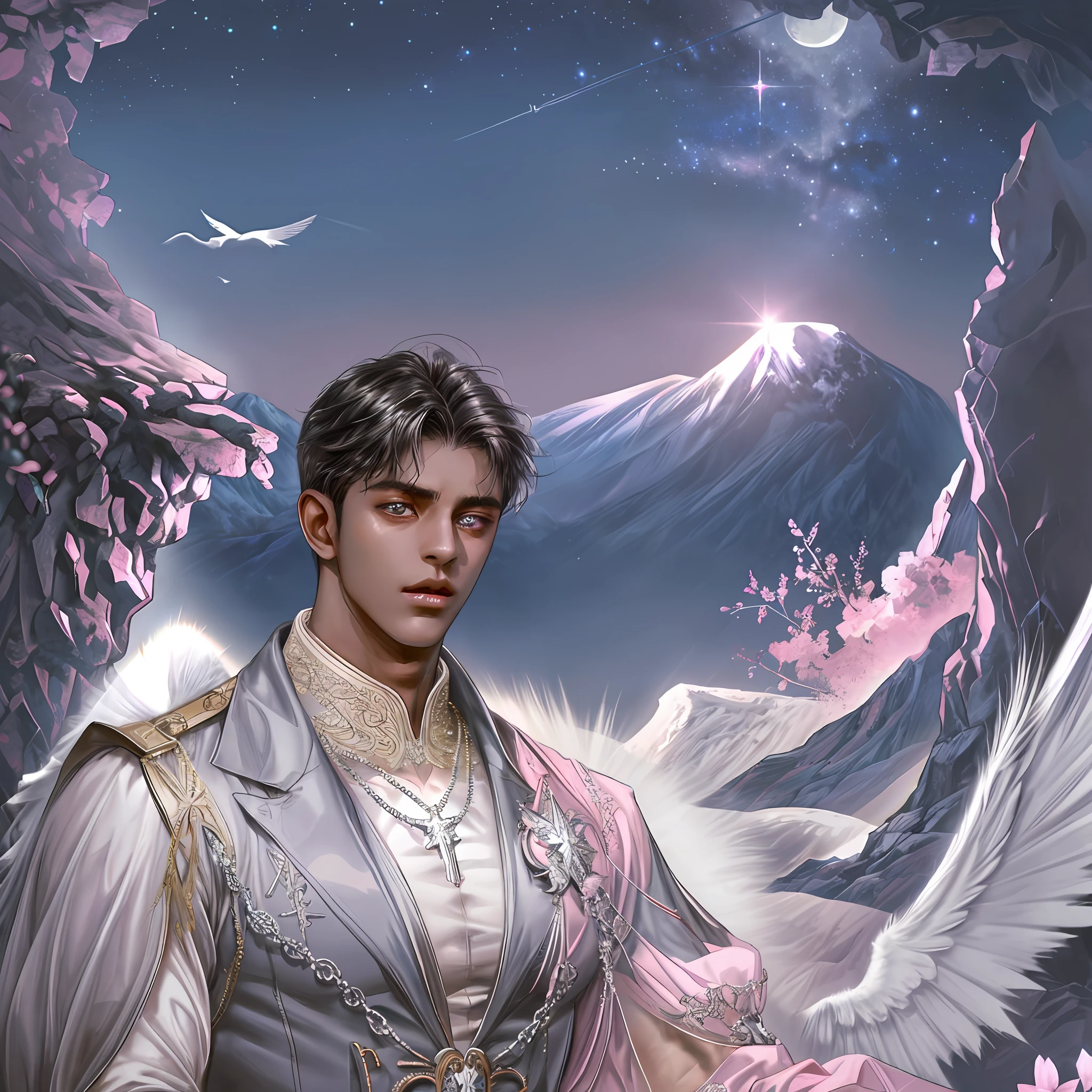 1 man, angel (4 wings), dark face, handsome, dark skinned, bare-chested, bouncing, star necklace, pink, six-pack, nipple piercing, dull, sweat, background detail, valley, large bird's nest, cave, sky, mountain peak, moon, daytime
