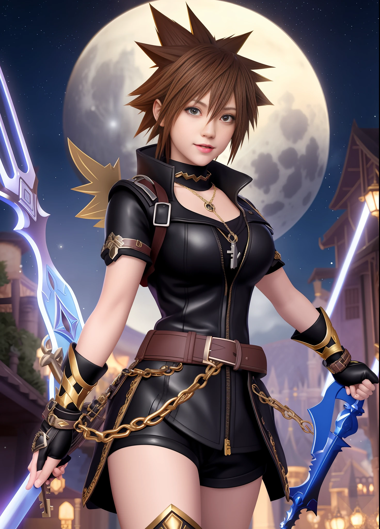 Kingdom Hearts, 1 Female, big breasts, warrior outfit all black with gold details, brown shorts and ((black boots)), she has short brown hair, blue eyes, she holds a key-shaped sword to the Keyblade, staring blankly to the viewer, face reddened with embarrassment, mouth with blue lipstick, smiling, he is in a magical city full of Disney creatures at night with a full moon, anime, Kingdom Hearts, Disney, 16k, best quality, high details, UHD, masterpiece