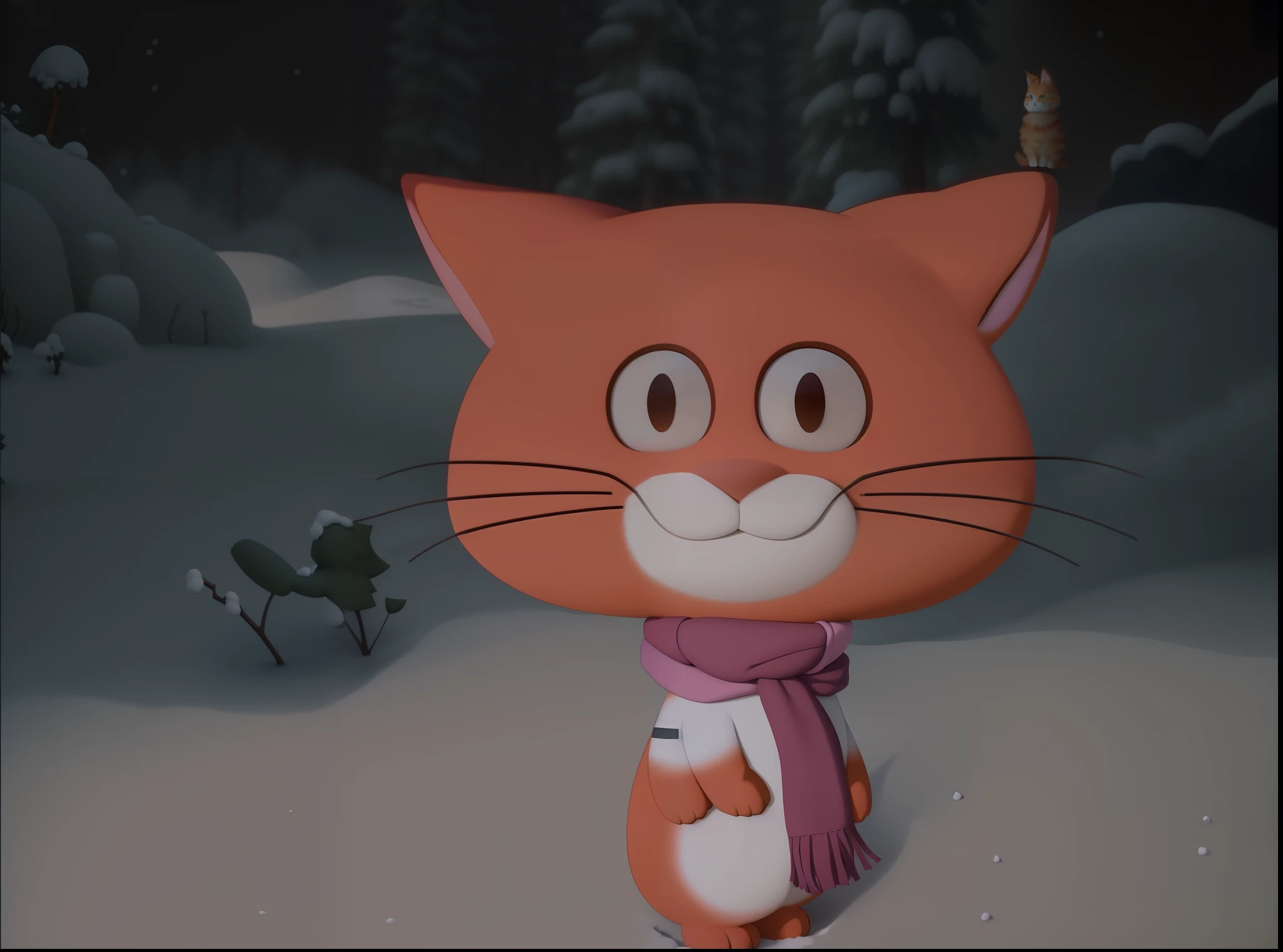 cartoon cat with scarf standing in snow covered area with trees, with garfield the cartoon cat, disney's bambi cat, animation still screencap, anime visual of a cute cat, film still from an cartoon, garfield the cat, gumball watterson, screenshot from the anime film, an orange cat, the cat is orange, anime cat, animated film still