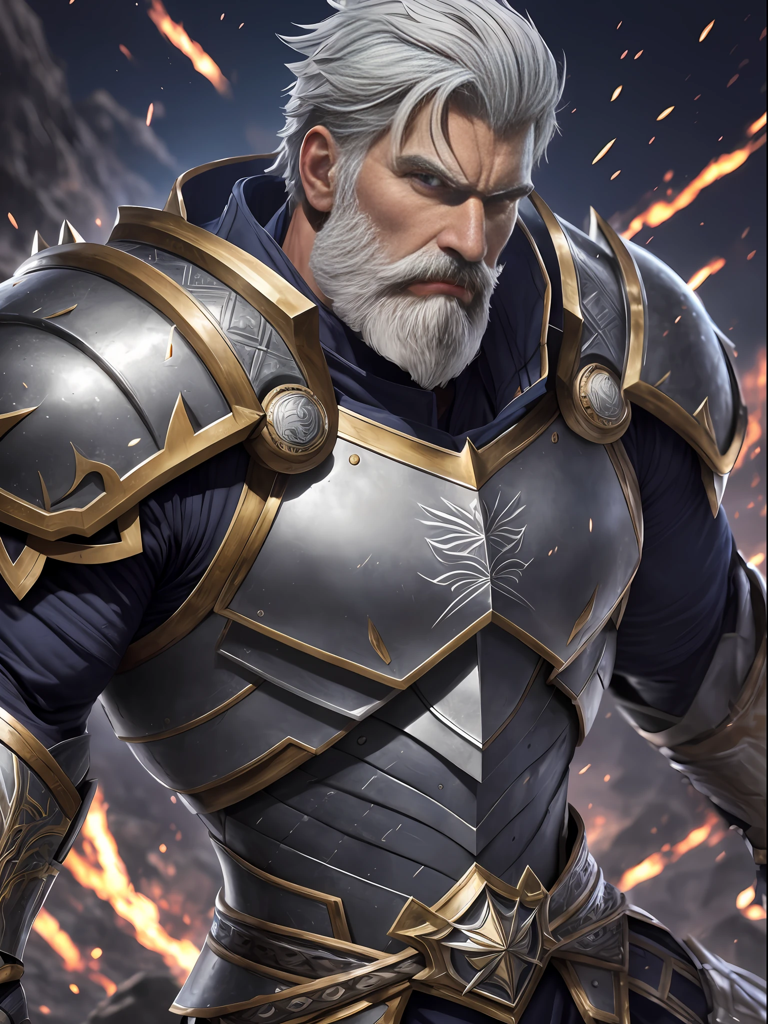 Alistair: man, Imposing and athletic presence, Gray hair, short and well groomed, Penetrating and intense eyes, of deep blue color, Tight beard, well trimmed, which gives him a masculine air, Skin slightly tanned, with subtle marks of battle, Striking and expressive facial features, Muscular and athletic body, result of his training as a warrior, Robust clothing, with armor and accessories that denote his combat ability,  Confident and determined posture, eye reflection, modern, anime, cinematic lighting, drop shadow, Wide-Angle, Ultra-Wide Angle, Nikon, perspective, diffraction spikes, Hasselblad, close-up, UHD, 1080P, 8k, high details, best quality, textured skin