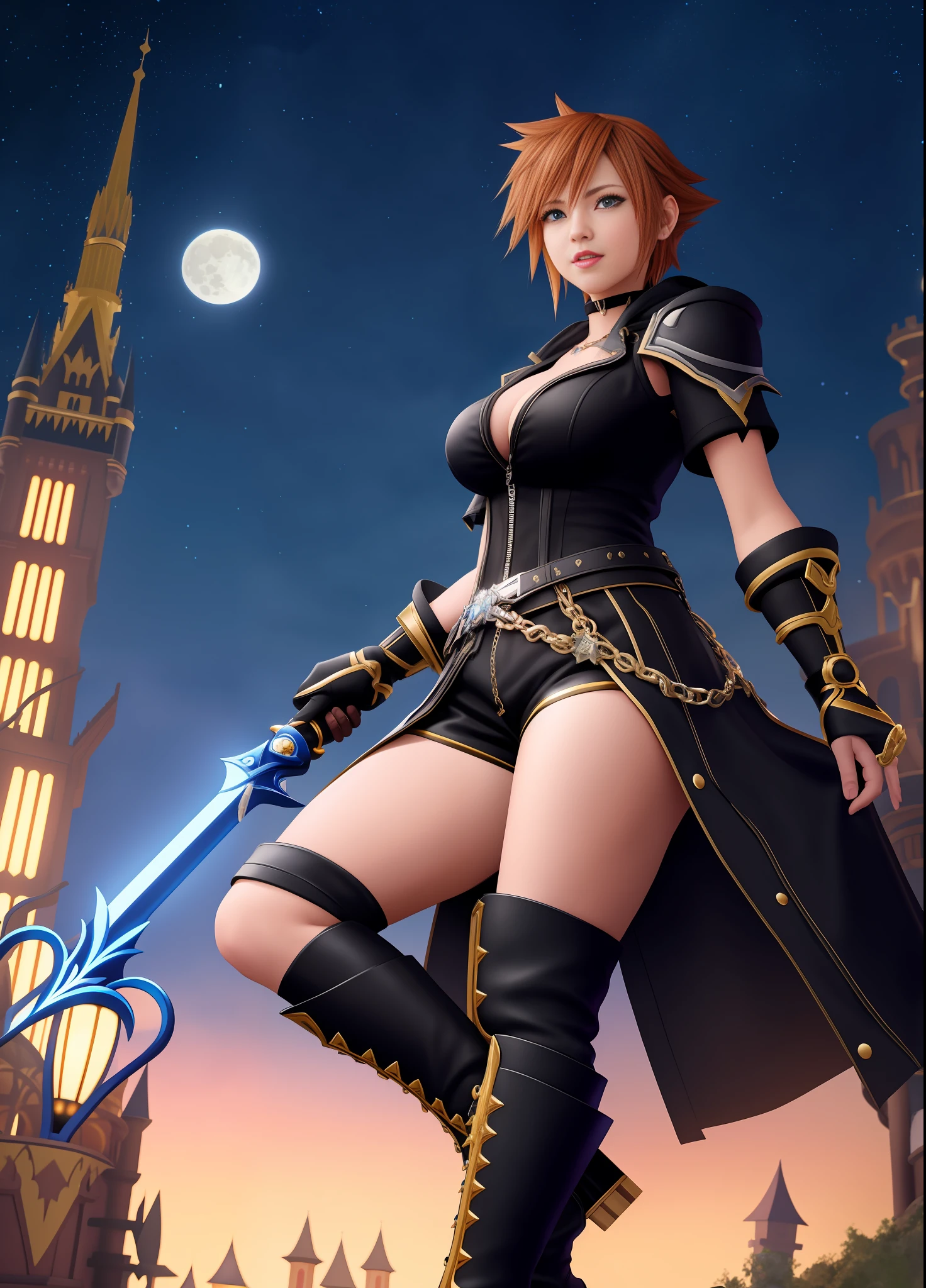 Kingdom Hearts 3, 1 Woman, big breasts, warrior outfit all black with gold details, brown shorts and ((black boots)), feet on the ground, blue eyes, she holds a sword in the shape of a key to the Keyblade, staring blankly to the viewer, face reddened with embarrassment, mouth with blue lipstick, smiling, he is in a magical city full of Disney creatures at night with a full moon,, anime, Kingdom Hearts 3, Disney, 16k, best quality, high details, UHD, masterpiece