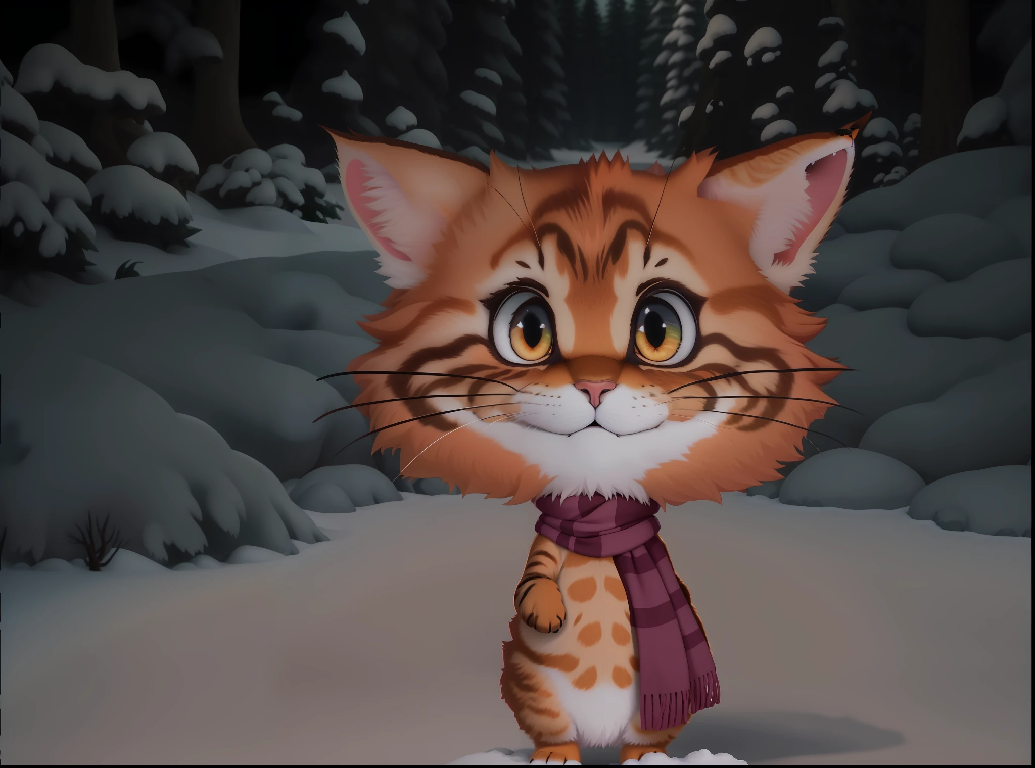 cartoon cat with scarf standing in snow covered area with trees, with garfield the cartoon cat, disney's bambi cat, animation still screencap, anime visual of a cute cat, film still from an cartoon, garfield the cat, gumball watterson, screenshot from the anime film, an orange cat, the cat is orange, anime cat, animated film still