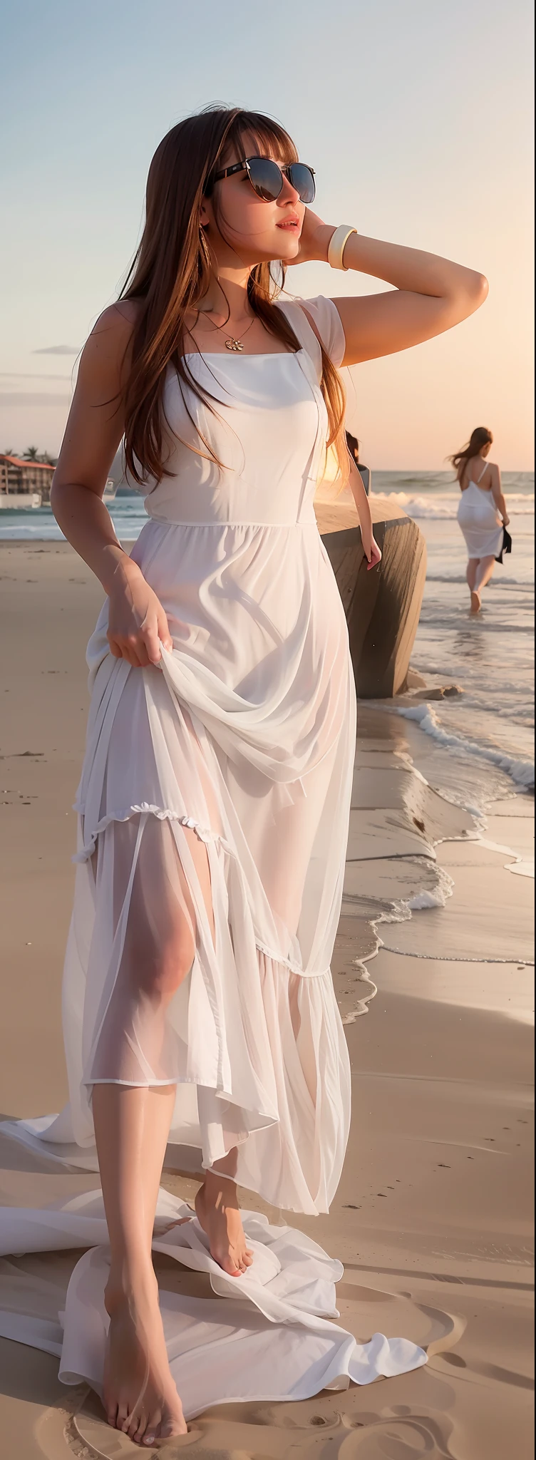 woman in a dress walking on the beach, wearing a long dress, white sunkiss skin, wearing long gown, soft silk dress, at beach at sunset, standing near the beach, wearing a dress made of water that is thin enough to see her bikini with sexy pose , ultra detailed realistic face, large breasts
