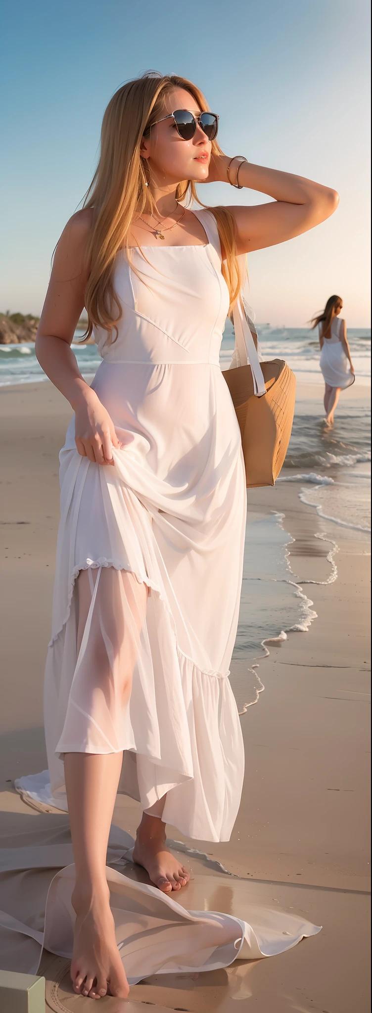 woman in a dress walking on the beach, wearing a long dress, white sunkiss skin, ange sundress, wearing long gown, soft silk dress, at beach at sunset, standing near the beach, wearing a dress made of water that is thin enough to see her bikini with sexy pose , ultra detailed realistic face, large breasts