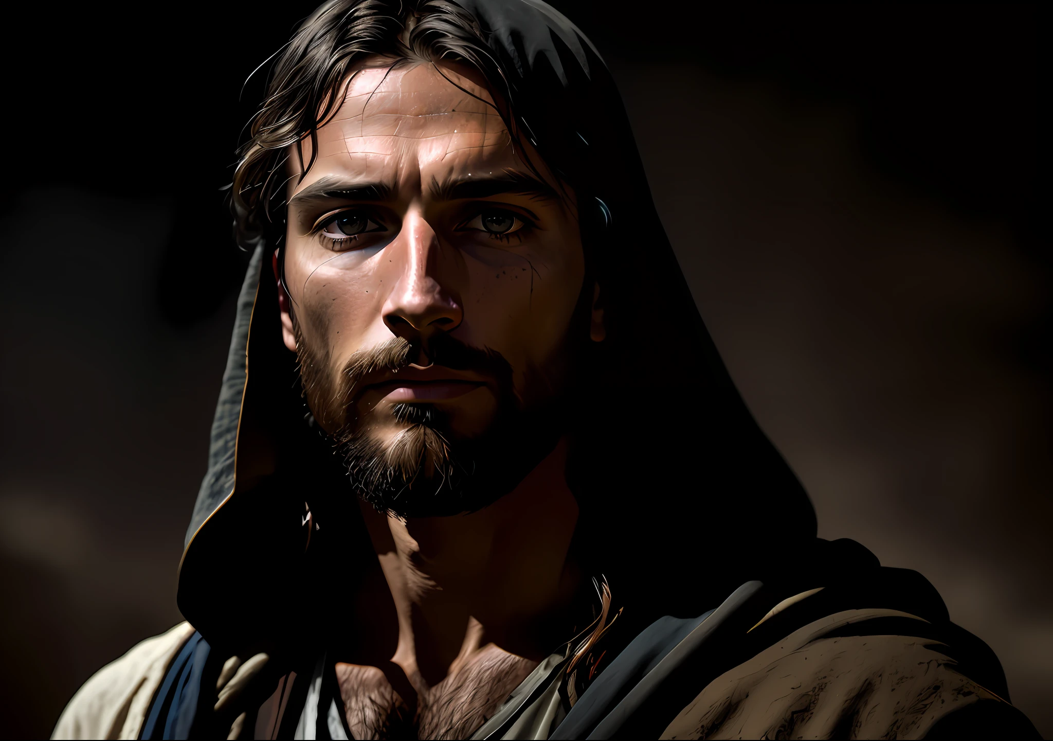 JESUS CHRIST DARK PHOTO: realistic epic, smooth cinematic portrait, highly resalist, with rocky desert background, light brown eyes adobe lightroom, photographic laboratory, highly detailed, faded, (neutral colors: 1.2), (hdr: 1.4) , (soft colors:1.2), hyperdetailed, (artstation:1.4), cinematic, warm lights, dramatic light, (intricate details:1.1), complex background, (rutkowski:0.66), (blue and orange:0.4)