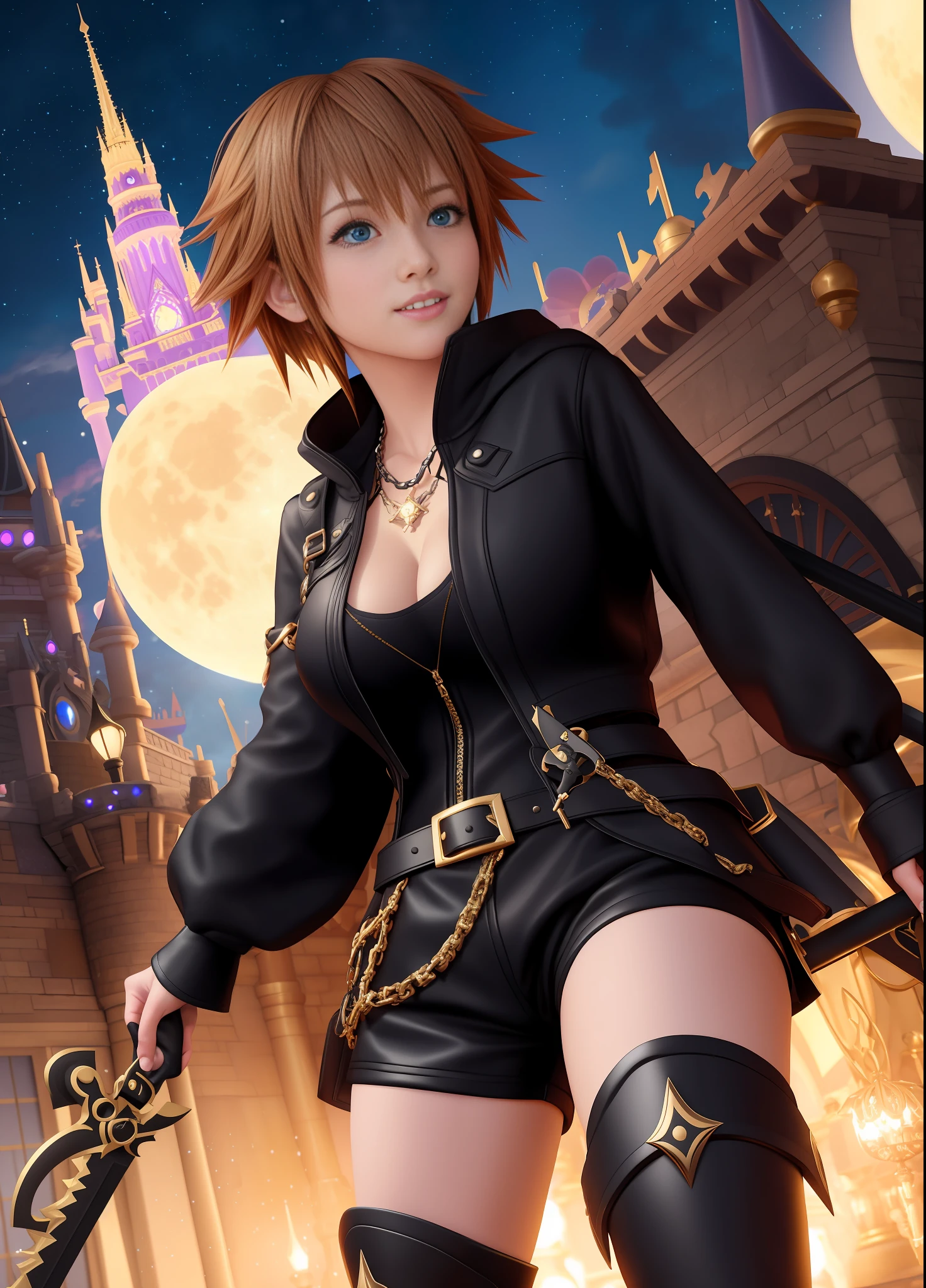 Kingdom Hearts 3, 1 Woman, big breasts, warrior outfit all black with gold details, brown shorts and ((black boots)), feet on the ground, blue eyes, she holds a sword in the shape of a key to the Keyblade, staring blankly for the viewer, embarrassed face, mouth with blue lipstick, smiling, (he is in a magical city with several Disney characters at night with a full moon: 1.5), anime, Kingdom Hearts 3, Disney, 16k, melhor qualidade, detalhes altos, UHD, obra-prima, anime, Kingdom Hearts 3, Disney, 16k, best quality, high details, UHD, masterpiece