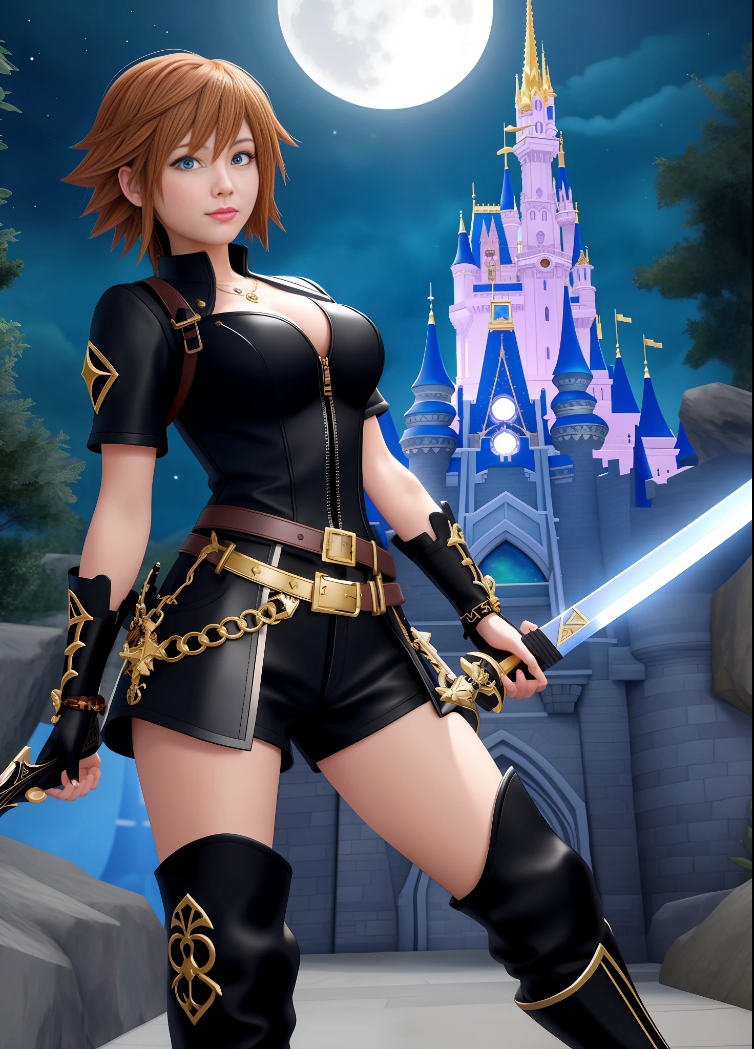 Kingdom Hearts 3, 1 Woman, big breasts, warrior outfit all black with gold details, brown shorts and ((black boots)), feet on the ground, blue eyes, she holds a sword in the shape of a key to the Keyblade, staring blankly for the viewer, embarrassed face, mouth with blue lipstick, smiling, (he is in a magical city with several Disney characters at night with a full moon: 1.5), anime, Kingdom Hearts 3, Disney, 16k, melhor qualidade, detalhes altos, UHD, obra-prima, anime, Kingdom Hearts 3, Disney, 16k, best quality, high details, UHD, masterpiece