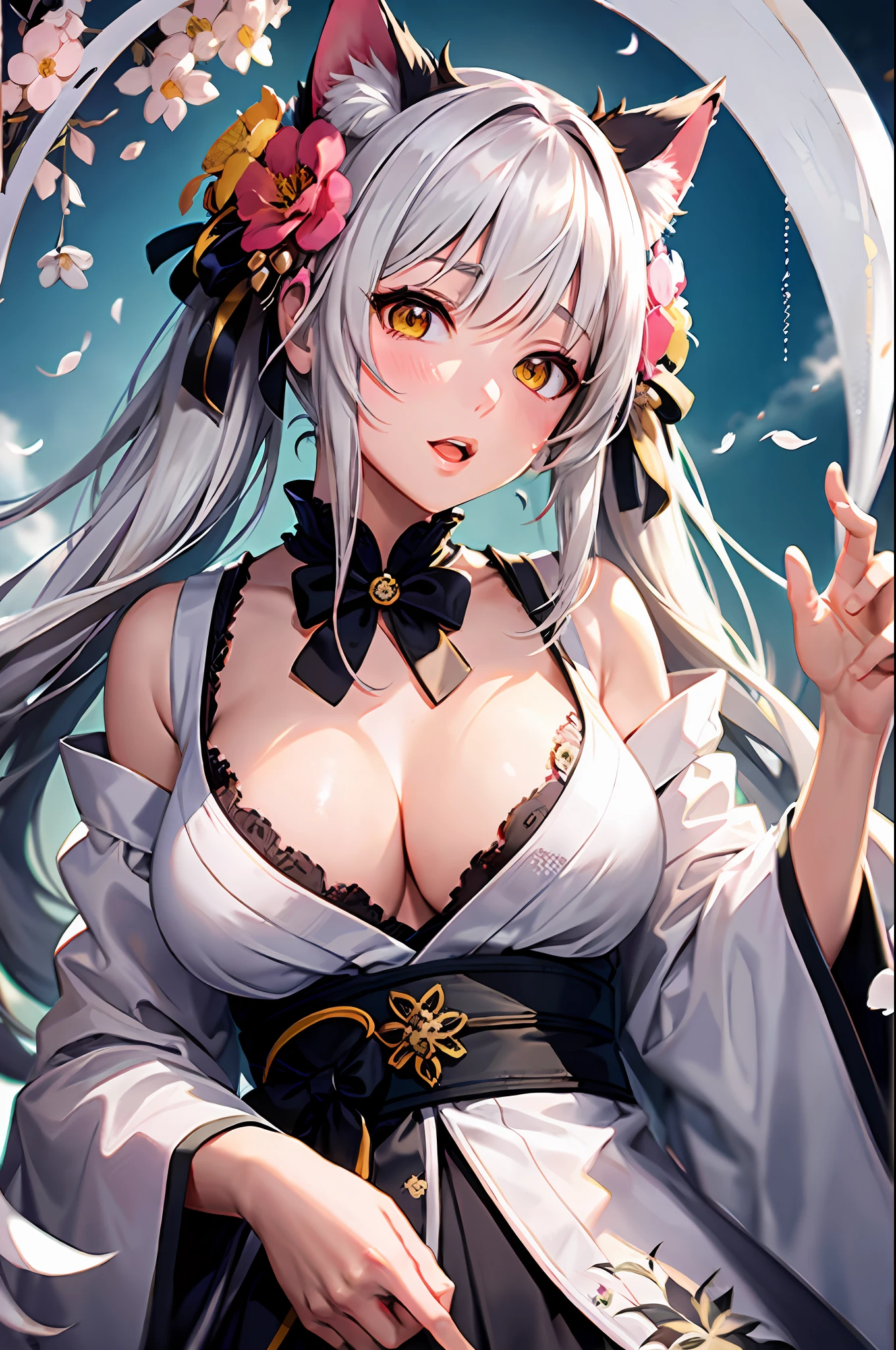 Masterpiece, highest resolution, highest quality, white kimono, large breasts, cat ears, floral pattern, yellow eyes, gray hair, twintails, ingenuity upscale (fixed parameters)