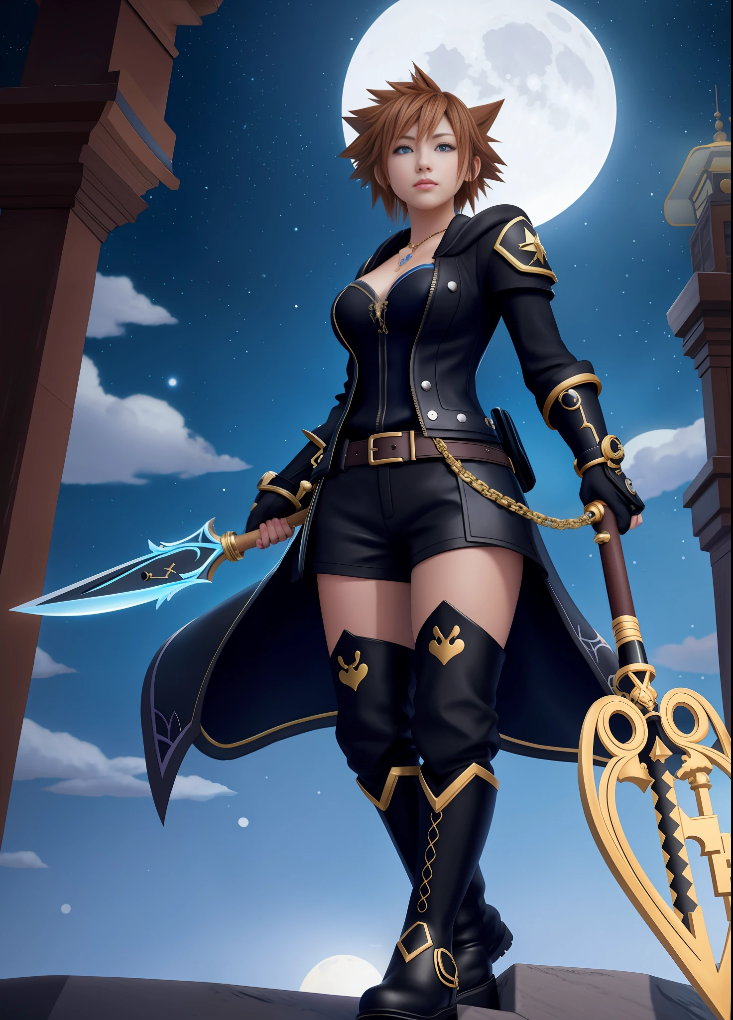 Kingdom Hearts 3, 1 Woman, big breasts, warrior outfit all black with gold details, brown shorts and ((black boots)), feet on the ground, blue eyes, she holds a sword in the shape of a key to the Keyblade, staring blankly for the viewer, embarrassed face, mouth with blue lipstick, smiling, (he is in a magical city with several Disney characters at night with a full moon: 1.5), anime, Kingdom Hearts 3, Disney, 16k, melhor qualidade, detalhes altos, UHD, obra-prima, anime, Kingdom Hearts 3, Disney, 16k, best quality, high details, UHD, masterpiece