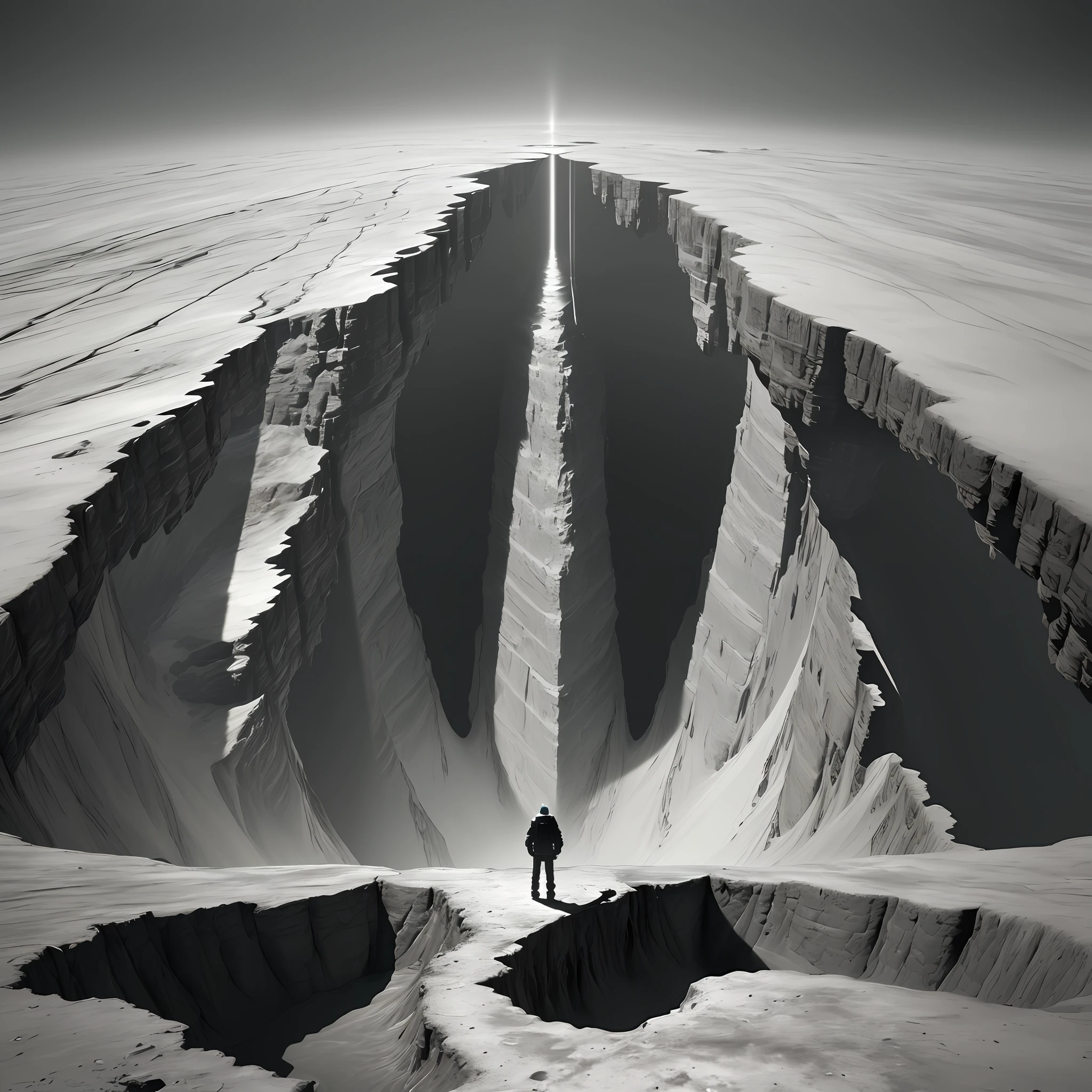 ((hyperrealistic, photorealistic, 8k, intricate details)) A man standing on the edge of a crater-shaped abyss admiring him, aerial camera catching the entire length of the abyss, aerial perspective filming the man from above from behind, giant crater below, layers getting darker and darker as the light doesn't reach. (crater, abyss, camera, man)