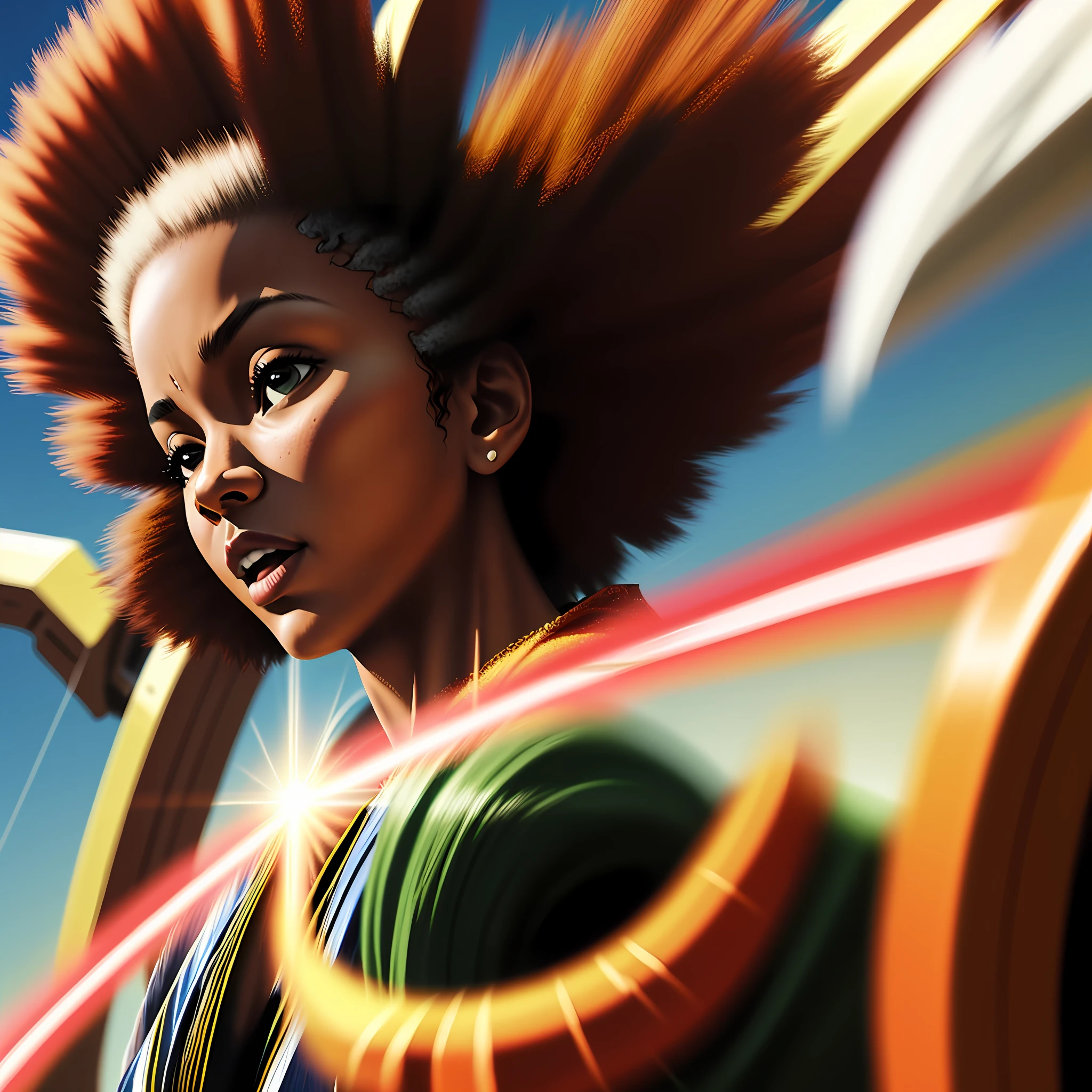 afro woman, splach color, fine details, high fidelity, cinematic lighting, motion blur, god rays, Fujicolor, image fill