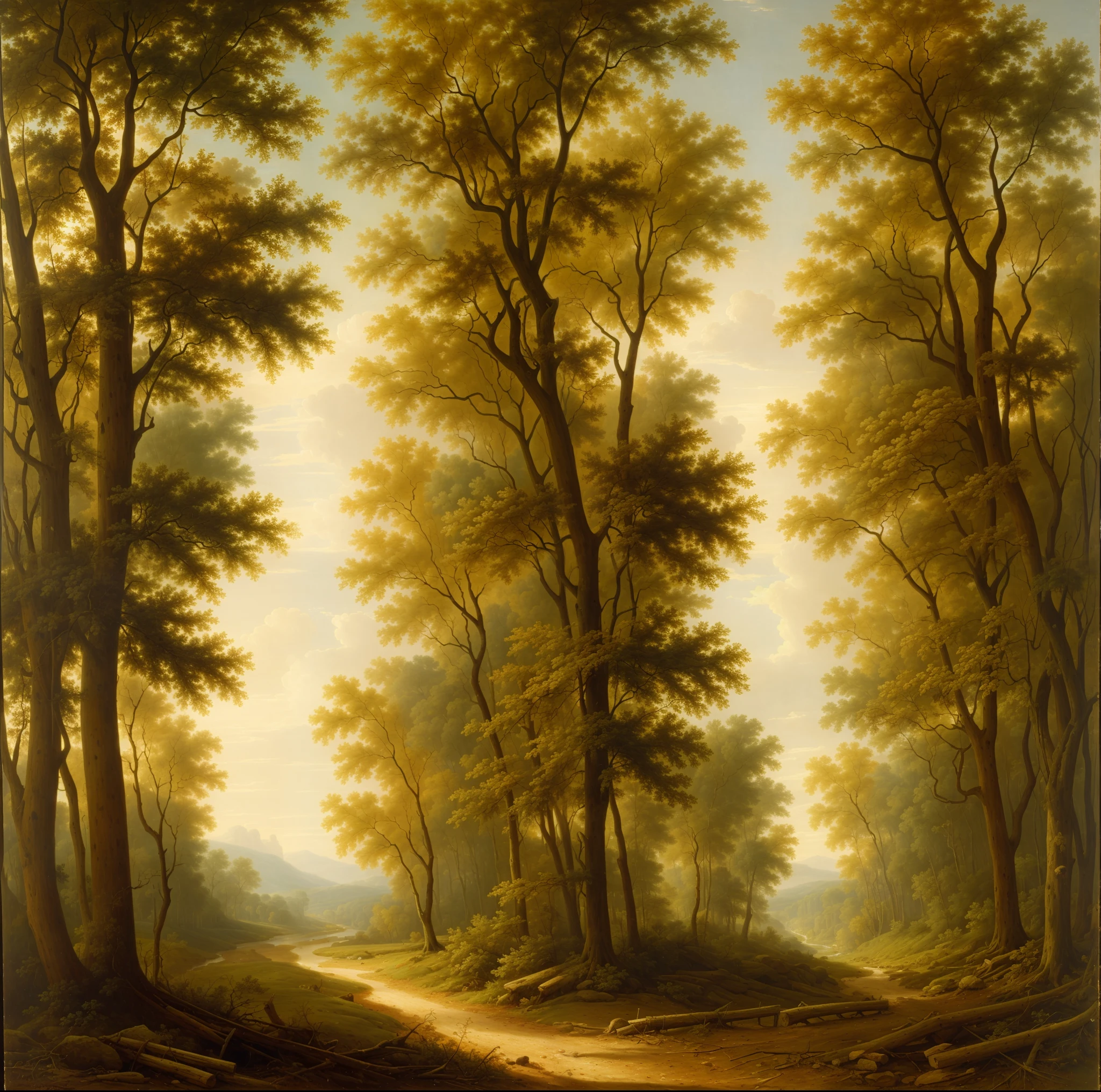 a painting of a path through a forest, an oil on canvas painting by Robert S. Duncanson, deviantart, american scene painting, oil on canvas, matte painting, detailed painting