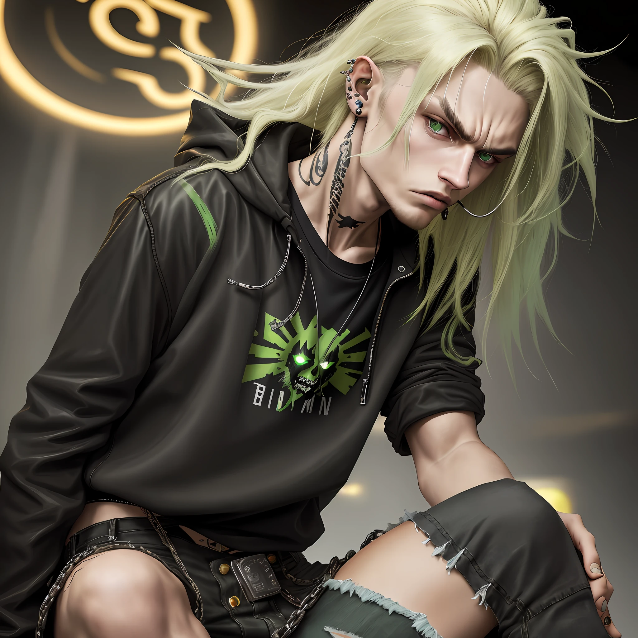 "A young ager wearing a band T-shirt, black jacket and ripped jeans, with sun-blond hair and dark green locks, with piercing nose and septum, gothic-looking and angry."