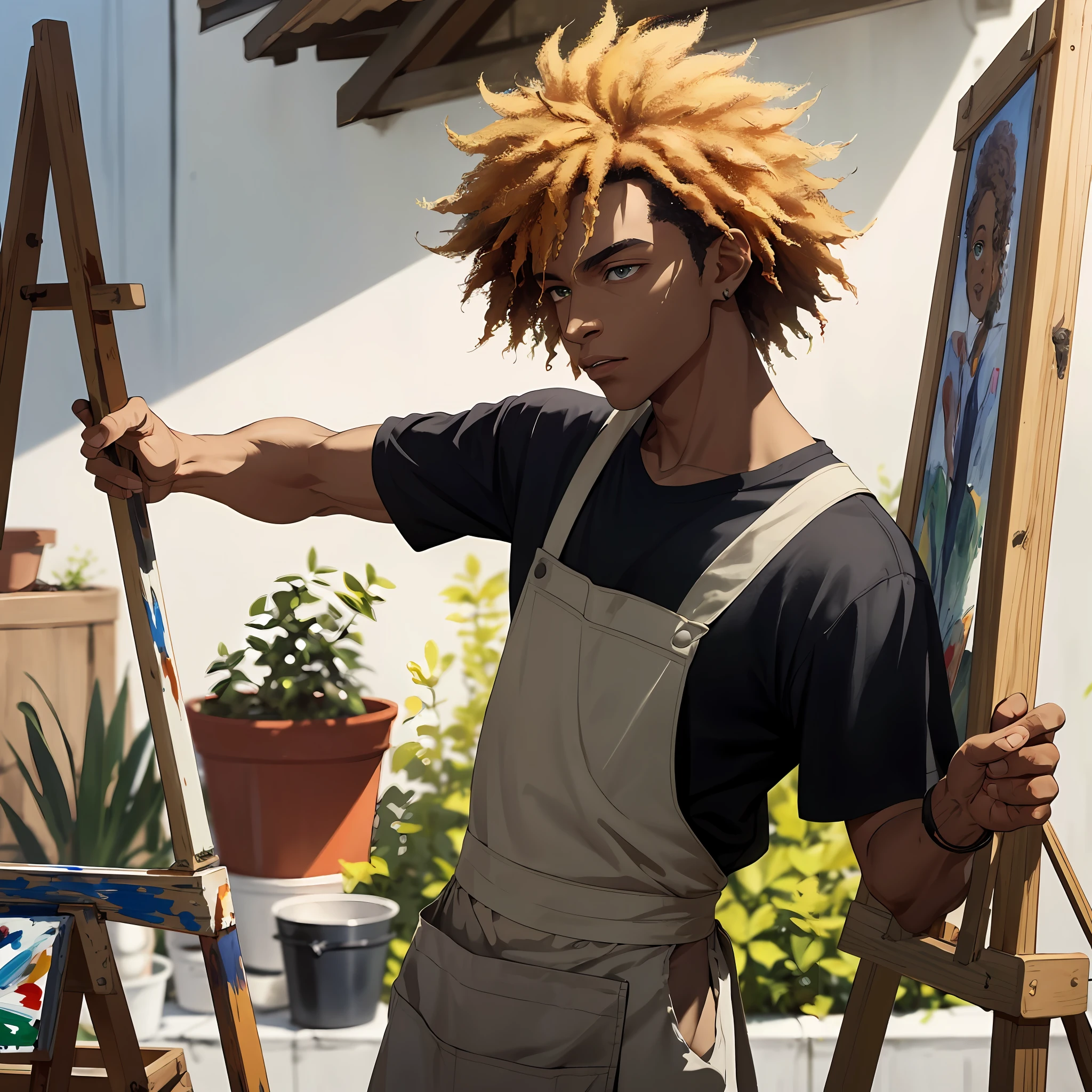 (dramatic illumination, dynamic angle, intense color contrast), (solo), (1 young black man with  blond afro hair and green eyes: 1.2), (wearing brown jeans a dark grey shirt and tan apron 1.1), (clothing covered in paint splotches: 1.2), (outside with easel: 1.2), (painting a picture: 1.2), (deeply in thought), (holding small paintbrushes)