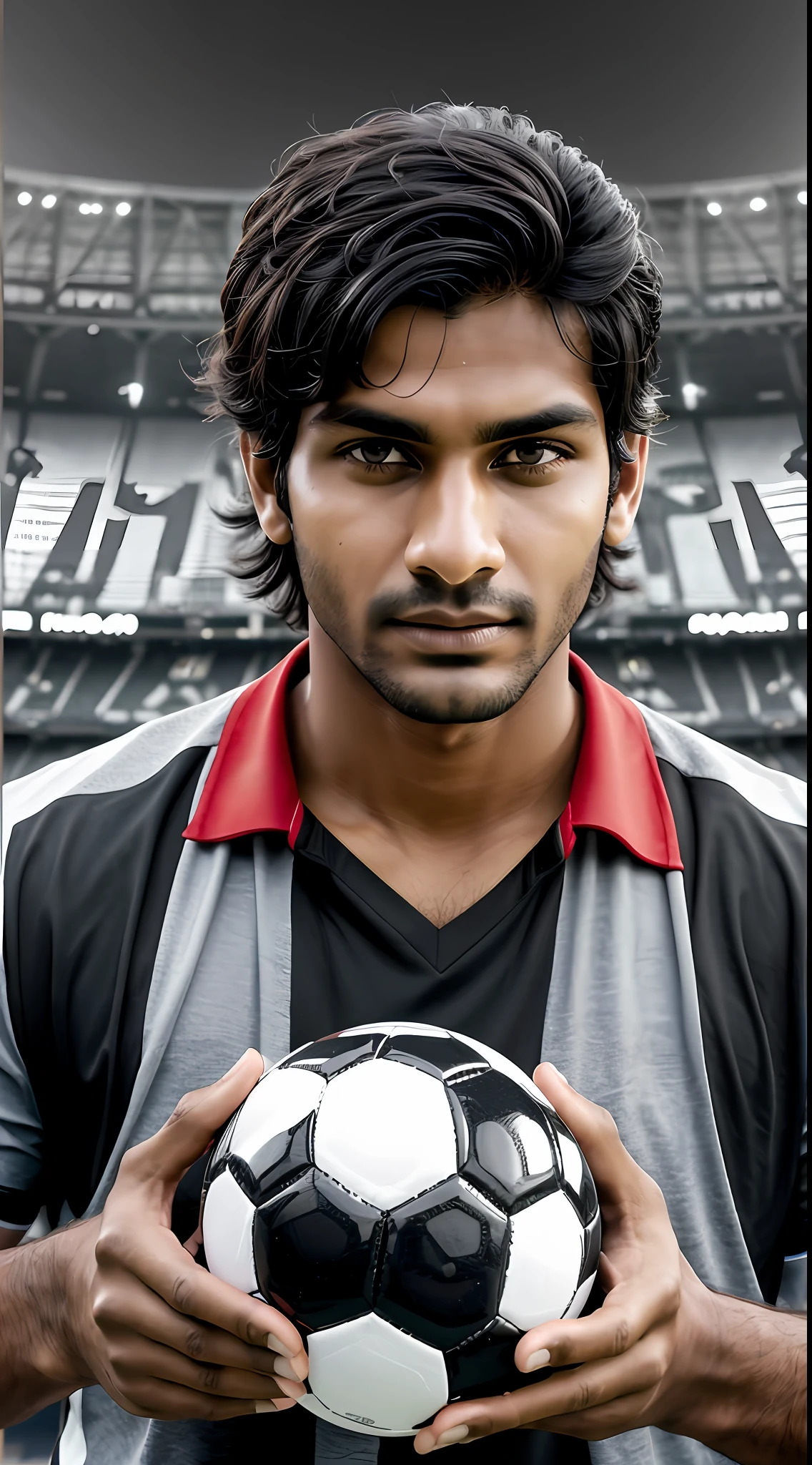 man of dark brown Indian color, beautiful face, in black and white shirt holding a soccer ball,photo,and a red card,with staring forward,football referee with football stadium background