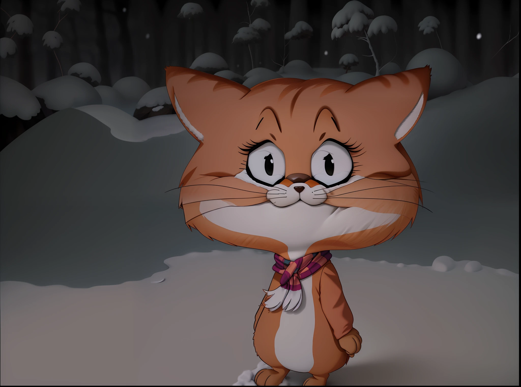 cartoon cat with scarf standing in snow covered area with trees, with garfield the cartoon cat, disney's bambi cat, animation still screencap, anime visual of a cute cat, film still from an cartoon, garfield the cat, gumball watterson, screenshot from the anime film, an orange cat, the cat is orange, anime cat, animated film still