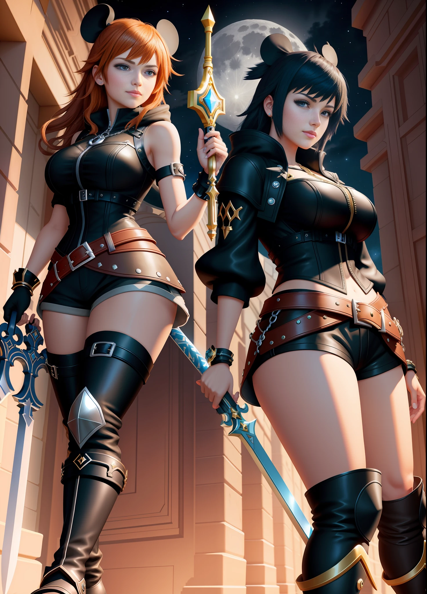Kingdom Hearts 3, 1 Woman, big breasts, warrior outfit all black with gold details, brown shorts and ((black boots)), feet on the ground, blue eyes, she holds a sword in the shape of a key to the Keyblade, staring blankly for the viewer, embarrassed face, mouth with blue lipstick, smiling, (he is in a magical city with several Disney characters at night with a full moon: 1.5), anime, Kingdom Hearts 3, Disney, 16k, melhor qualidade, detalhes altos, UHD, obra-prima, anime, Kingdom Hearts 3, Disney, 16k, best quality, high details, UHD, masterpiece