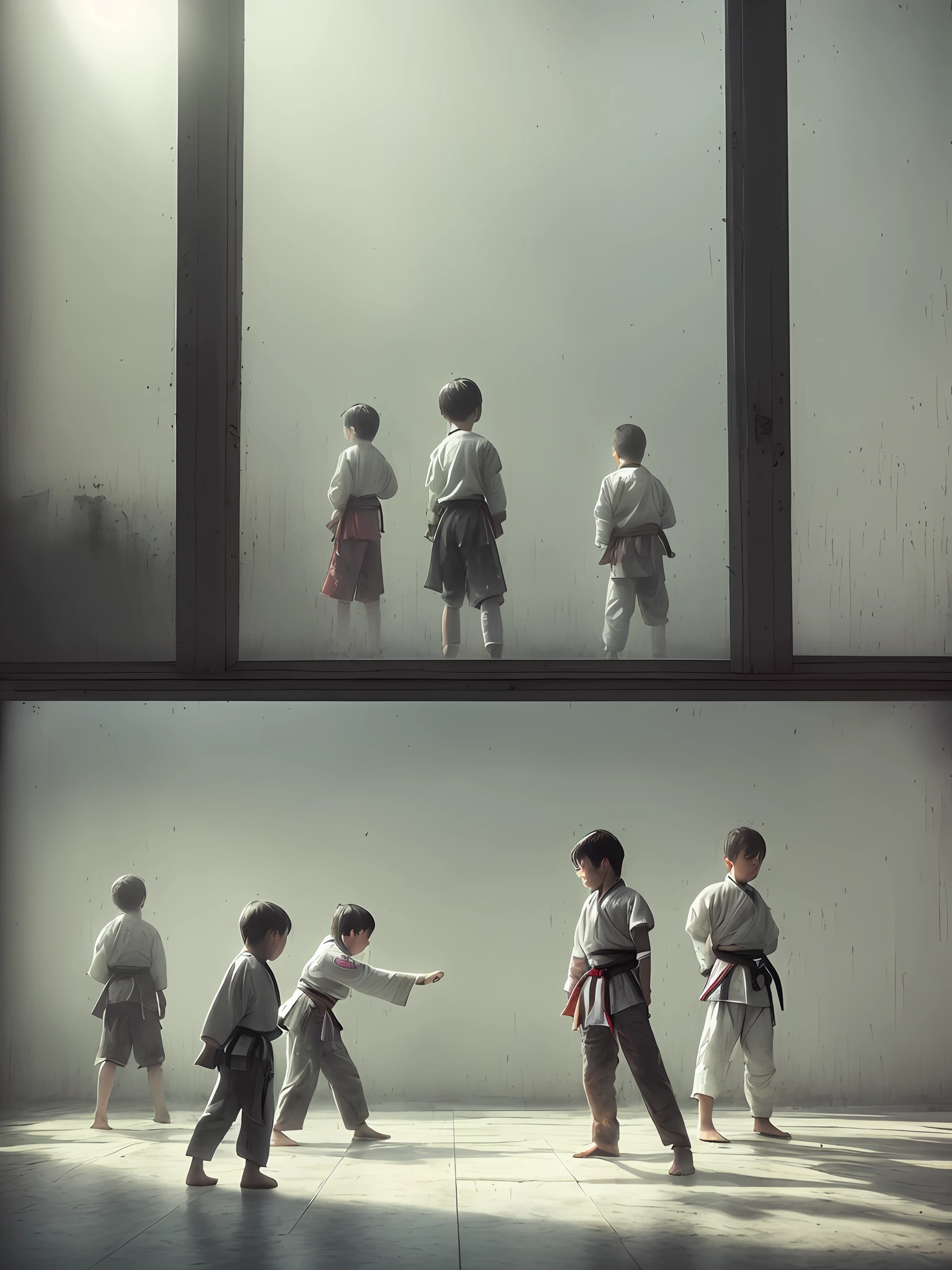 Several children, training martial arts , angry, realistic epic, photo, faded, complex things around, background room all white, windowless, soaked, neutral colors, (((((hdr)))), ((((soft colors)))), intricate scene, artistic station, intricate details, vignette,
