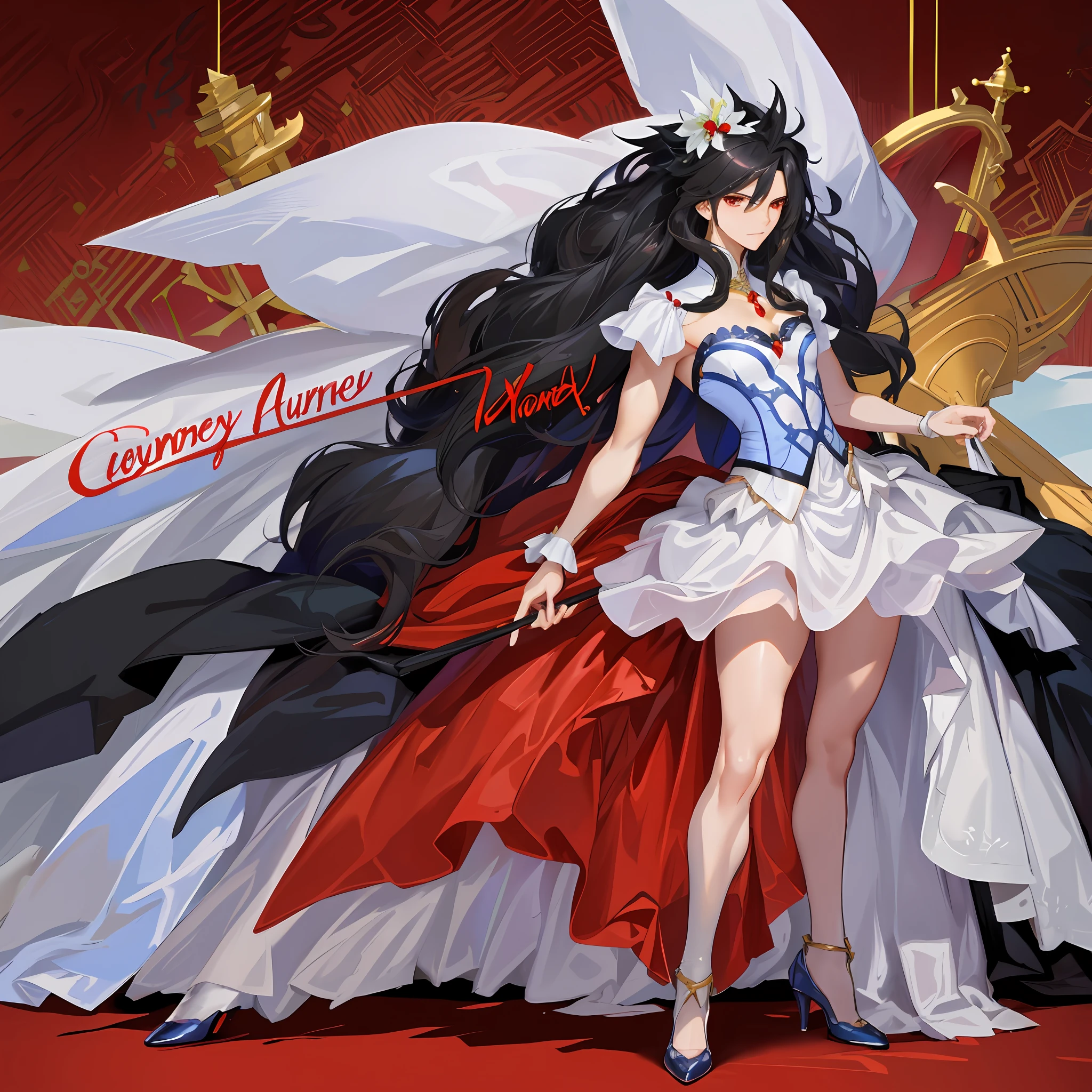 A boy, toned, big black messy hair, extremely bright red eyes, masterpiece, vibrant, honey bulge, white wedding dress, full body view, neutral face, white stockings, high heels, masculine, handsome