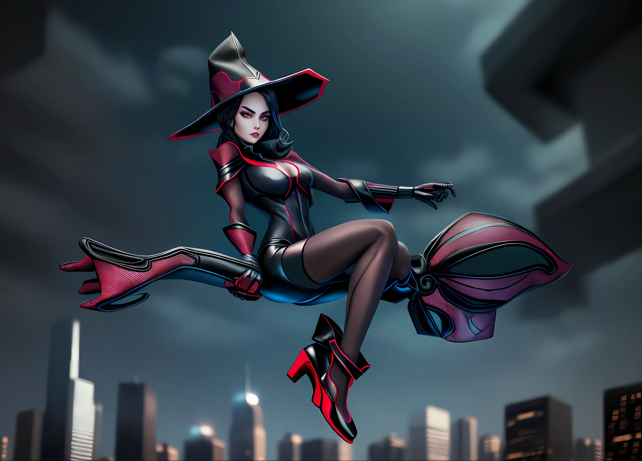 (strong tone) Spider woman outfit, dark and mysterious, glowing eyes, black lace bodysuit, spiderweb patterns, leather accents, high heels, city day skyline backdrop.