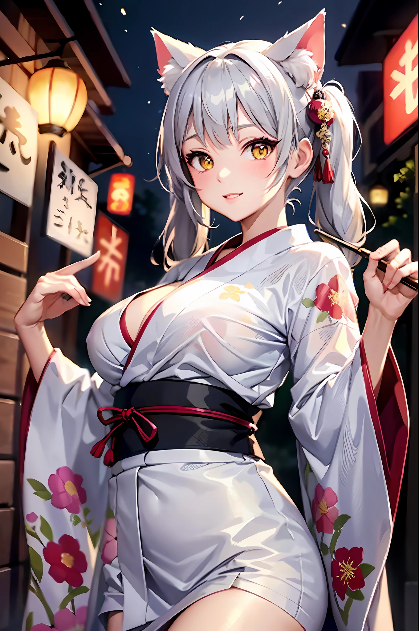 masterpiece, high resolution, high quality, white yukata, fireworks, festival, big breasts, cat ears, floral pattern, yellow eyes, gray hair, twin tails