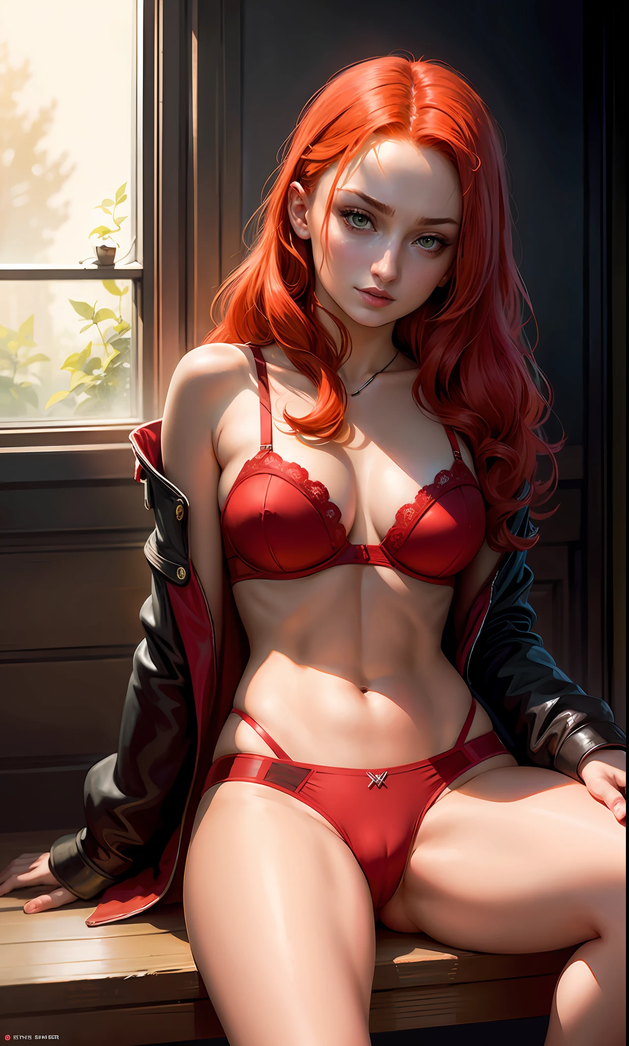 Dark Phoenix (Sophie Turner) wearing red panties, red bra, sitting on Observer, shot from beneath her,