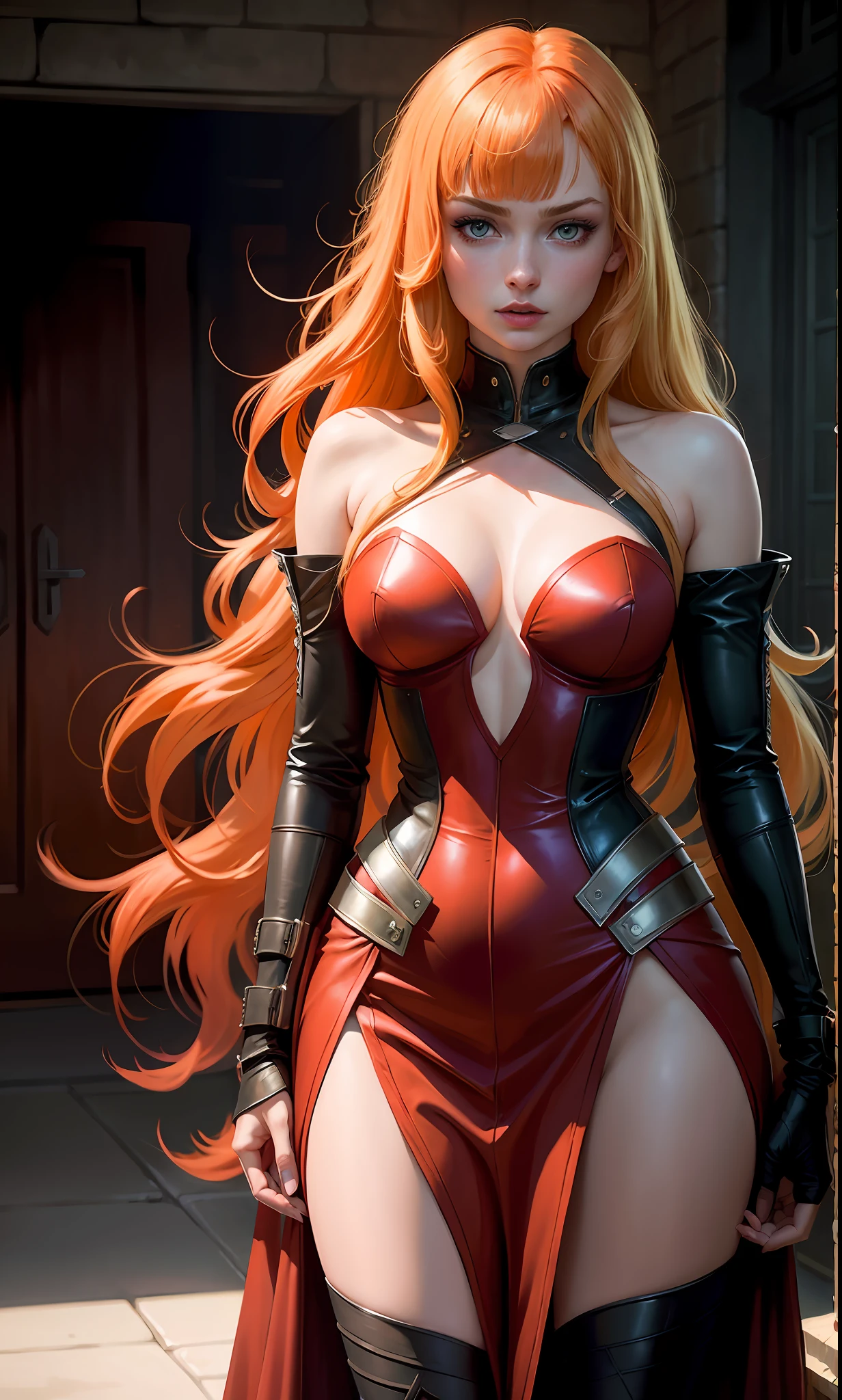 Dark Phoenix (Sophie Turner, red hair) kissing Magik (Anya Taylor-Joy, blond with bangs) in the X-Men's danger room, ecchi