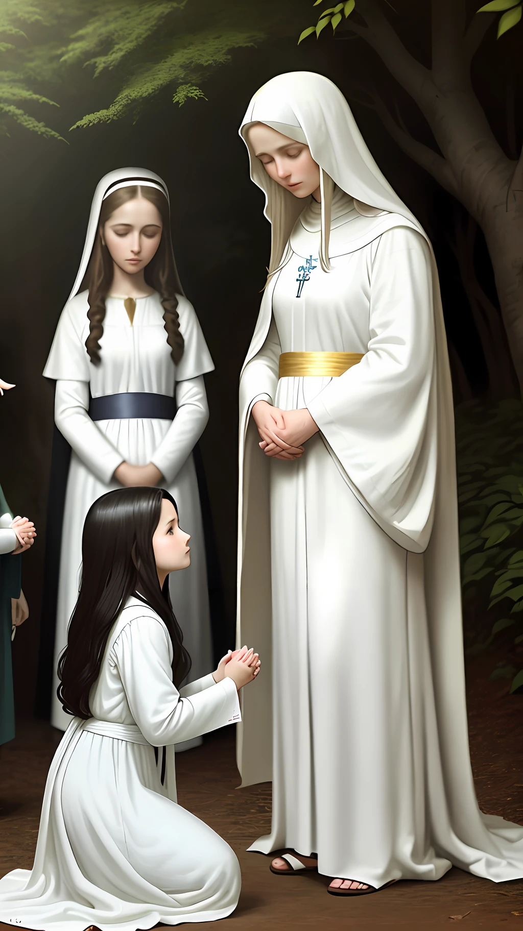 The mother of Jesus Christ Mary, young and beautiful (hyper realistic) dressed in white and white robe standing, three children (Canponese) on their knees looking at her in prayer. In a garden in the forest