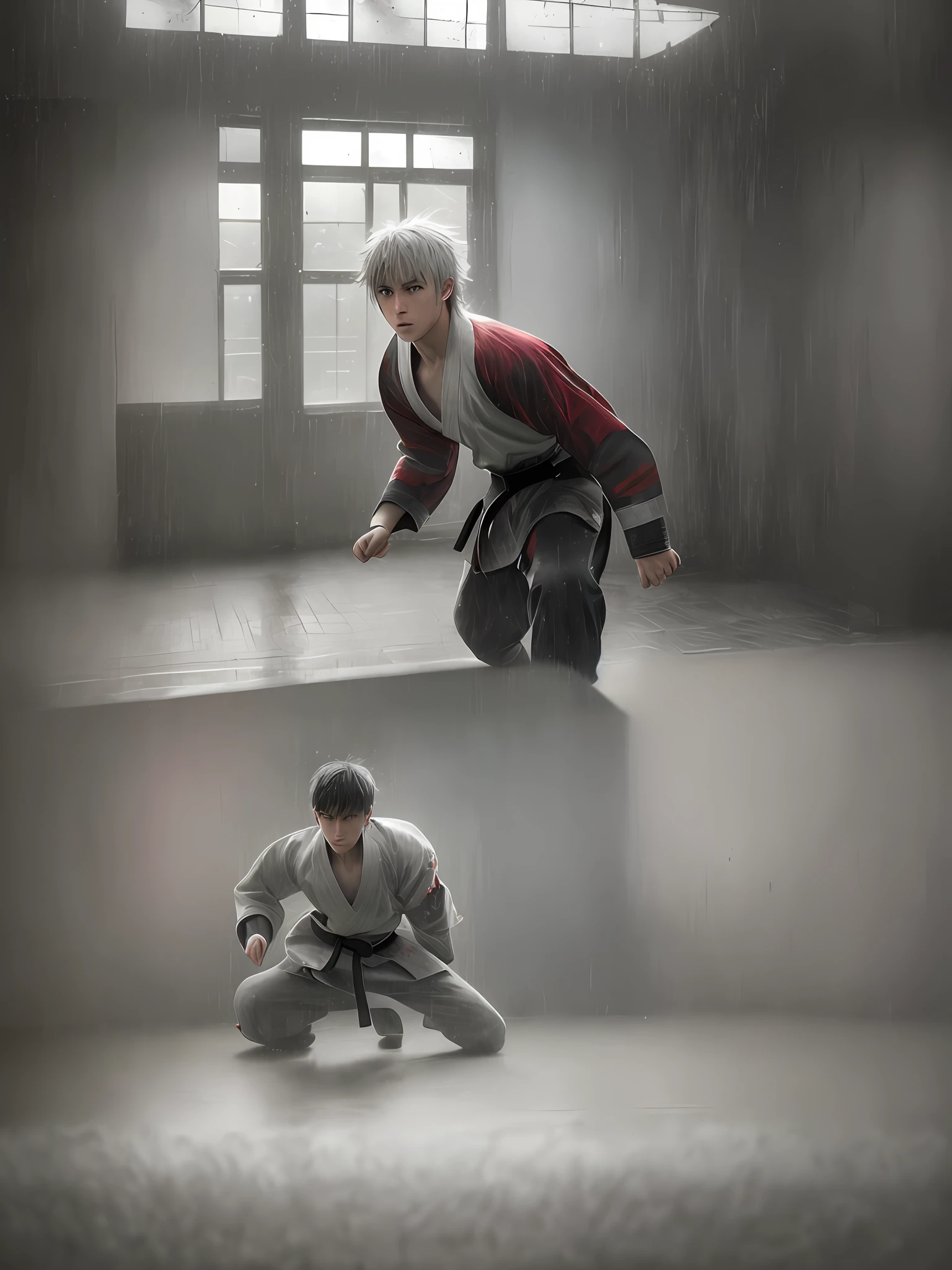 1 white-haired teenager, 1 black-haired teenager, training martial arts, angry, realistic epic, photo, faded, complex things around, room background all white, windowless, soaked, neutral colors, (((((hdr)))), ((((soft colors)))), intricate scene, artistic station, intricate details, vignette,