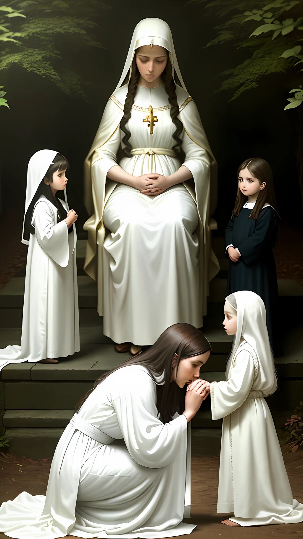 The mother of Jesus Christ Mary, young and beautiful (hyper realistic) dressed in white and white robe standing, three children (Canponese) on their knees looking at her in prayer. In a garden in the forest